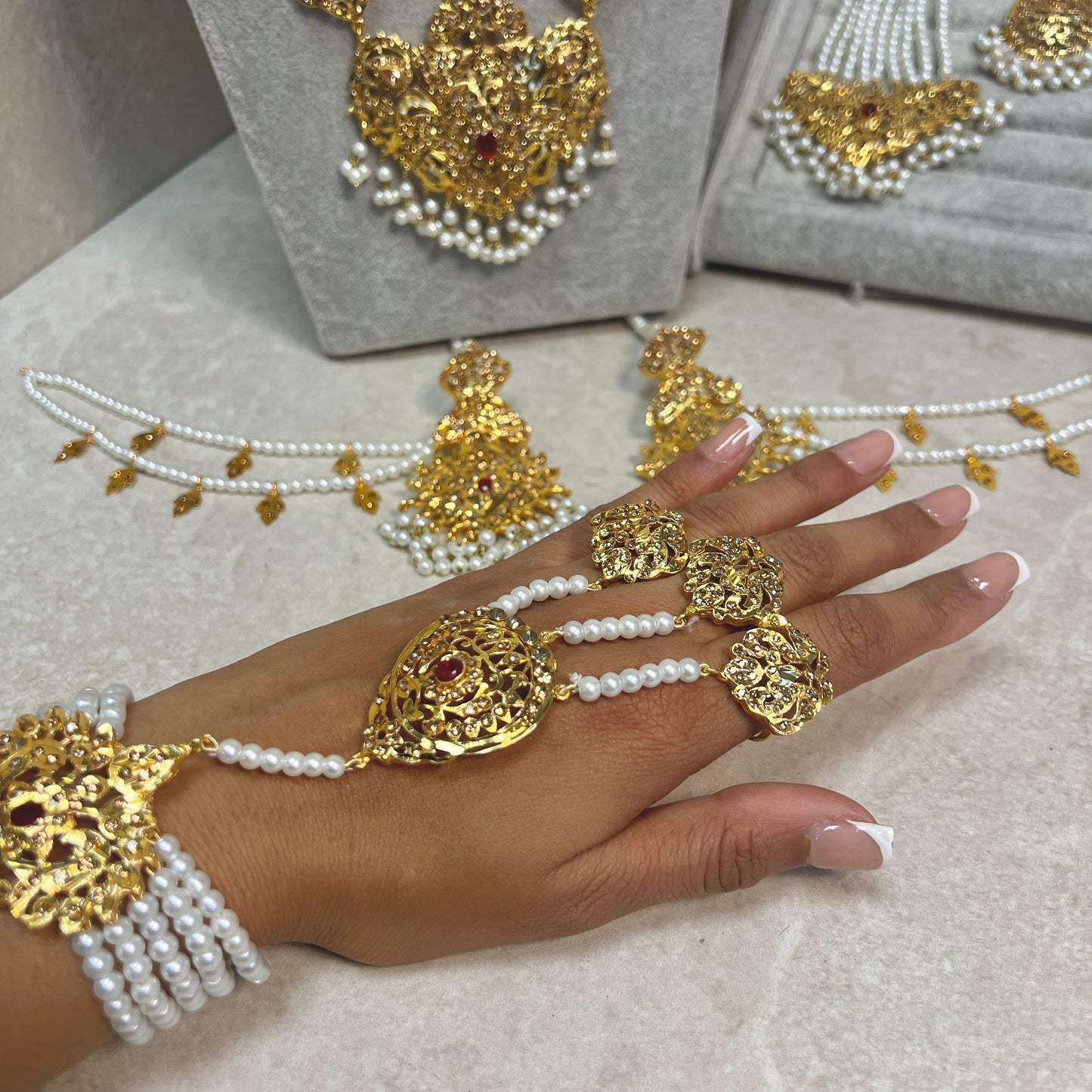 Gold Plated Pearl Bridal Choker Set- With Choker, Mala, Jhumka Earring, Tikka, Jhumar/ Indian/ Pakistani Style/ Maroon Detail (Imperfect)