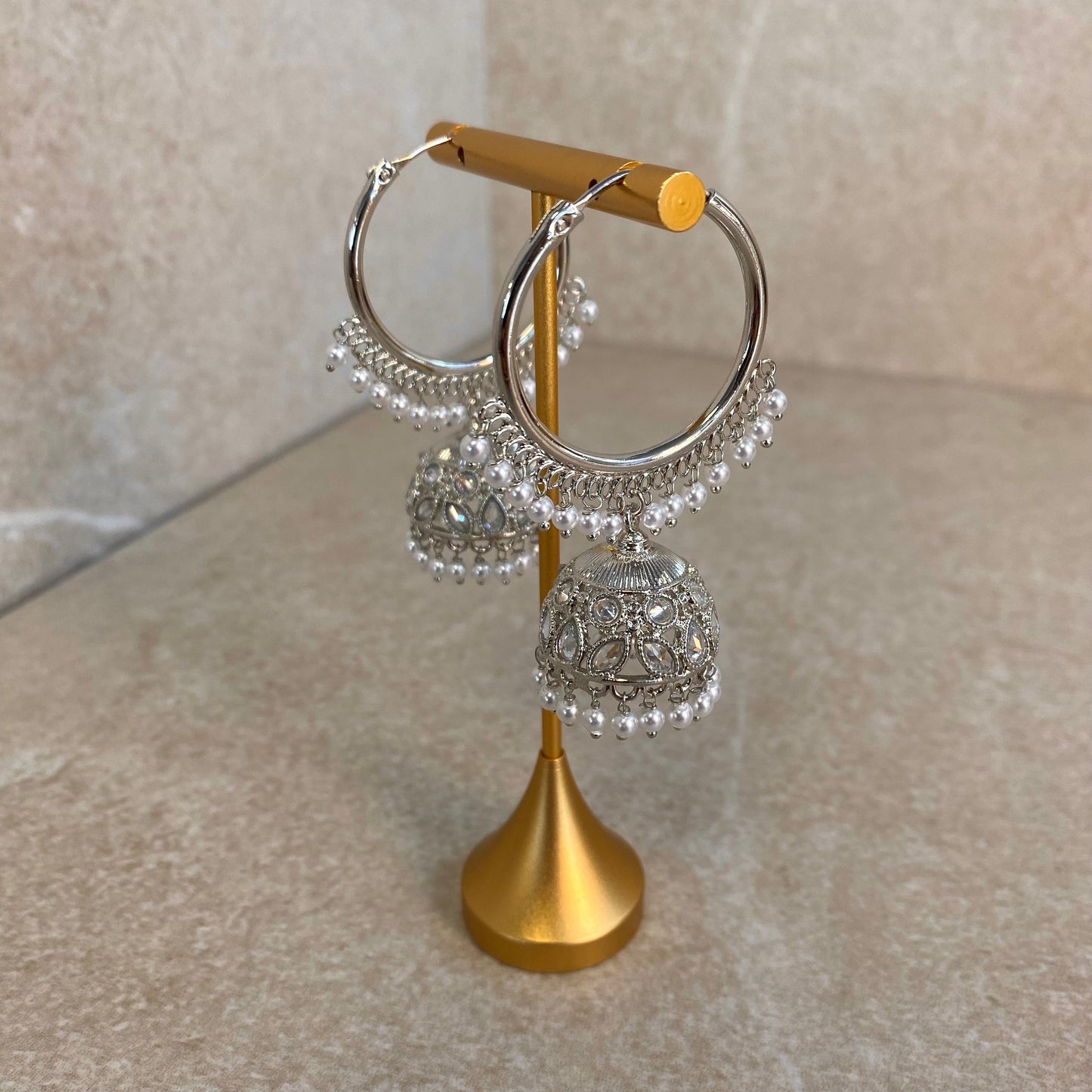White Pearl/ Silver Crystal Jhumka Indian Hoop Earring/Indian Earrings/Pakistani Fashion/Indian Jewellery/Silver Jewellery/Gifts for Women
