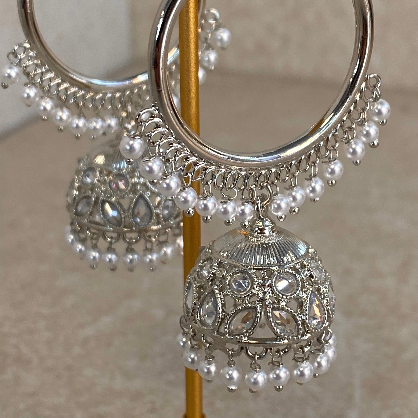 White Pearl/ Silver Crystal Jhumka Indian Hoop Earring/Indian Earrings/Pakistani Fashion/Indian Jewellery/Silver Jewellery/Gifts for Women