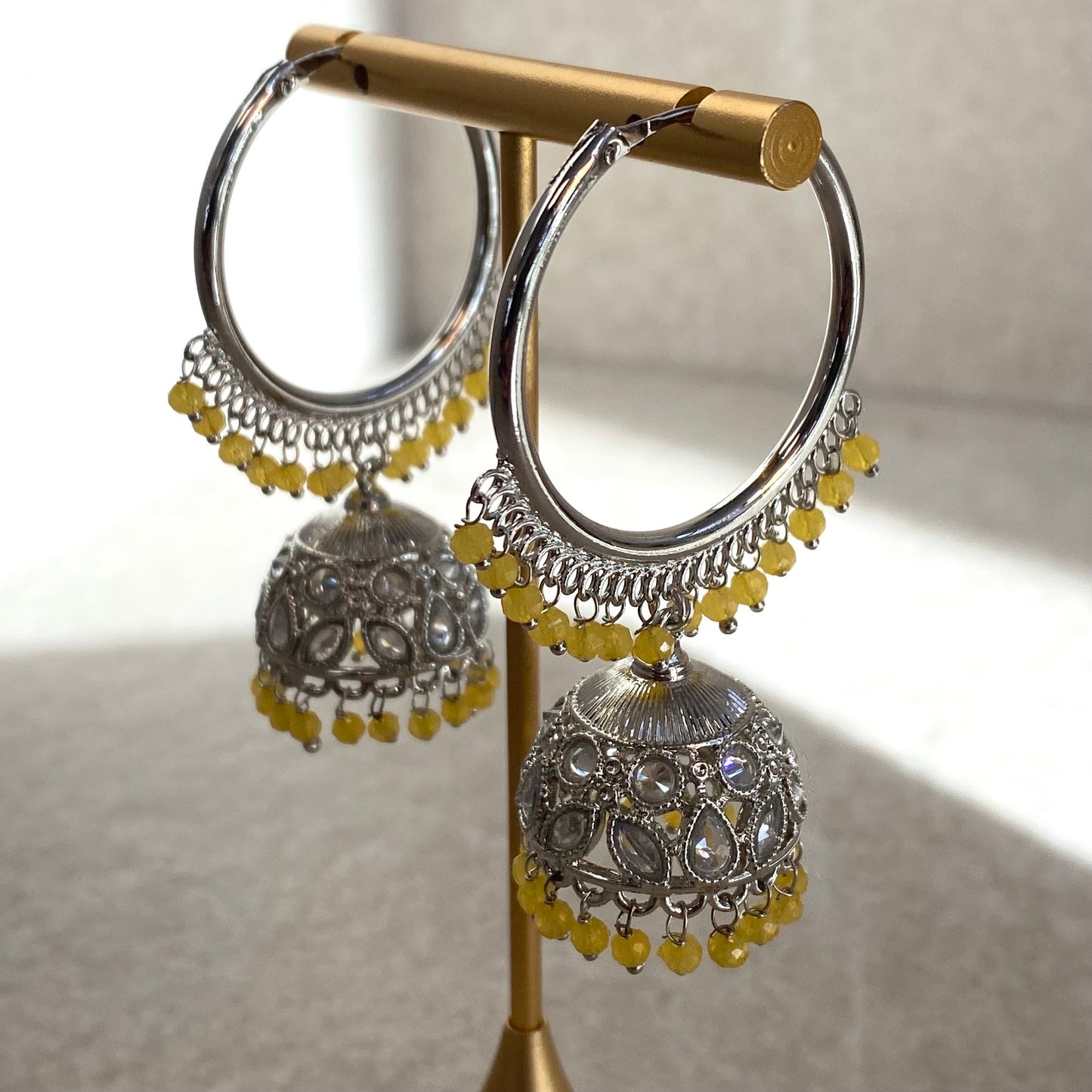 Yellow Silver Crystal Jhumka Indian Hoop Earring/Indian Earrings/Pakistani Fashion/Indian Jewellery/Silver Jewellery/Gifts for Women