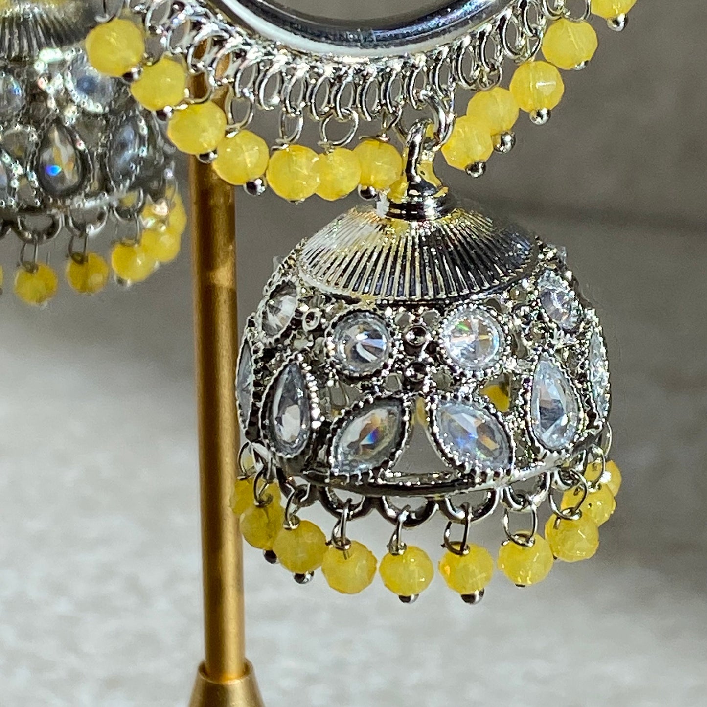 Yellow Silver Crystal Jhumka Indian Hoop Earring/Indian Earrings/Pakistani Fashion/Indian Jewellery/Silver Jewellery/Gifts for Women