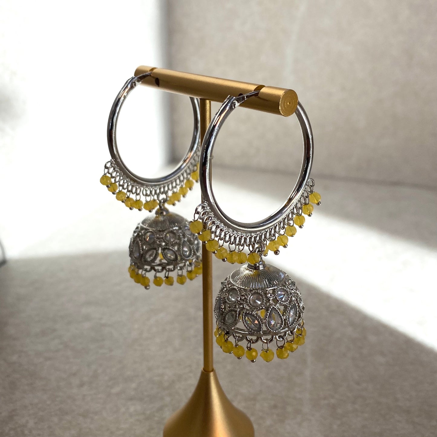 Yellow Silver Crystal Jhumka Indian Hoop Earring/Indian Earrings/Pakistani Fashion/Indian Jewellery/Silver Jewellery/Gifts for Women