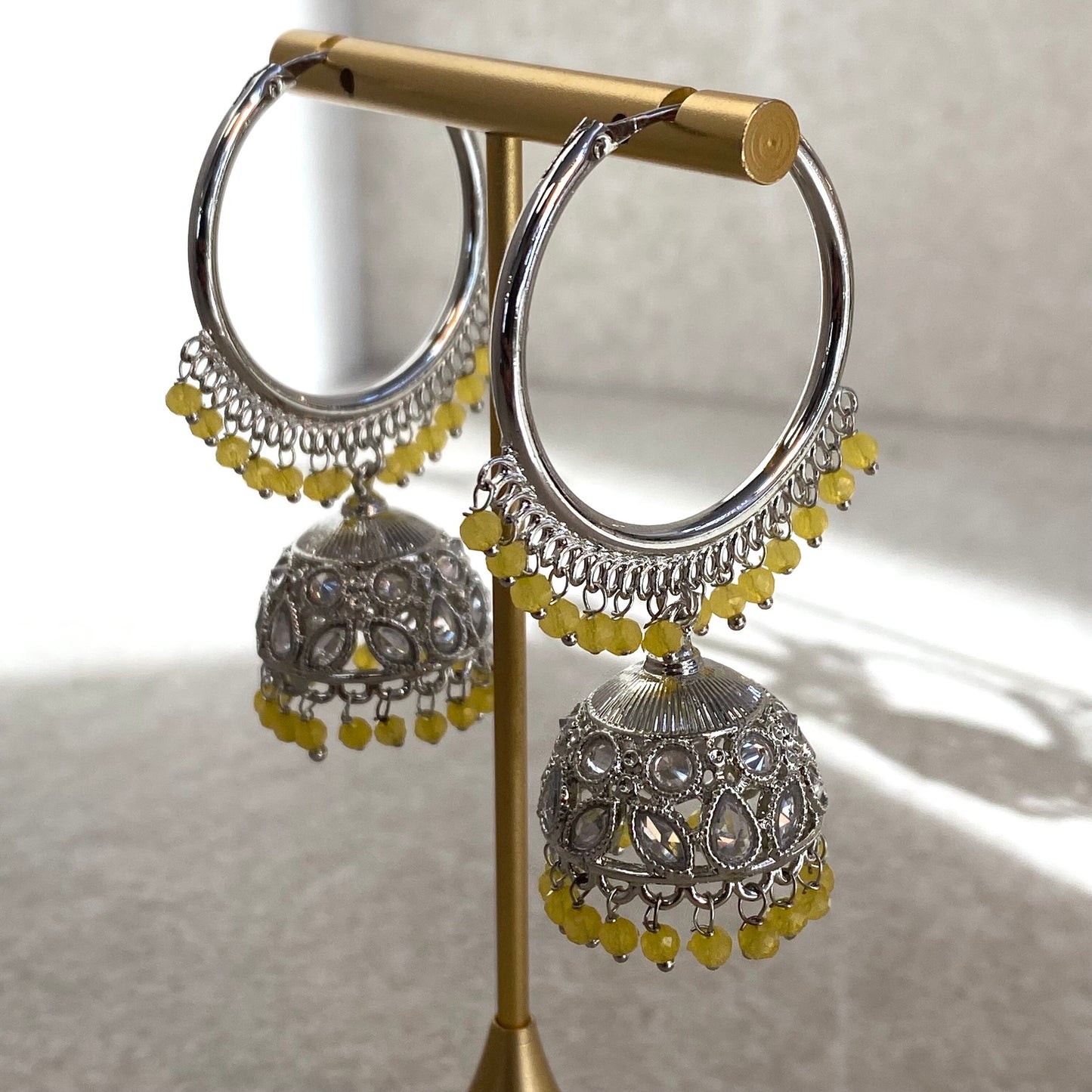 Yellow Silver Crystal Jhumka Indian Hoop Earring/Indian Earrings/Pakistani Fashion/Indian Jewellery/Silver Jewellery/Gifts for Women
