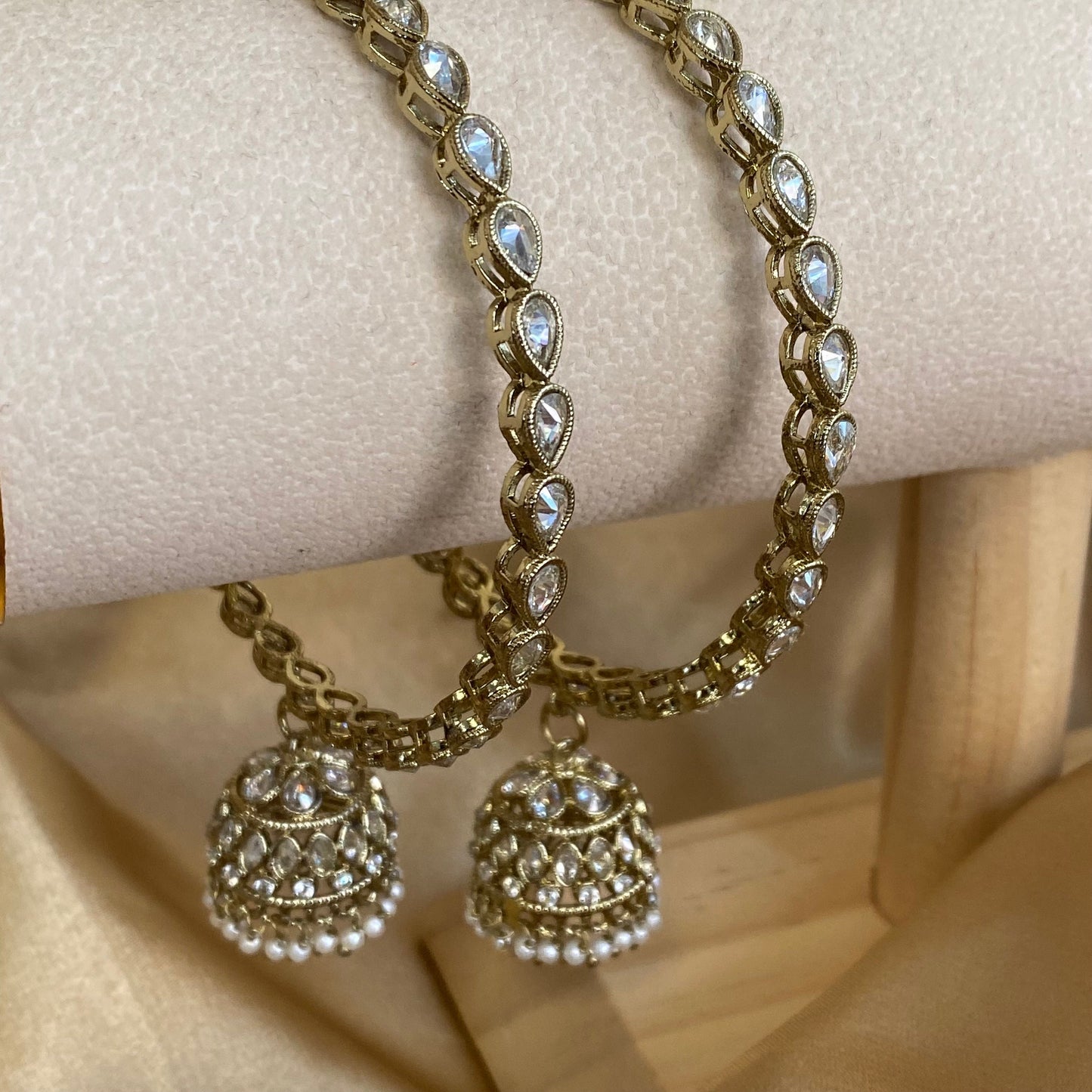 Antique Gold with Clear Zircon Crystals Pearl Jhumka Bangle X 2/Indian/ Pakistani/Jewelley/ Fashion Bracelet