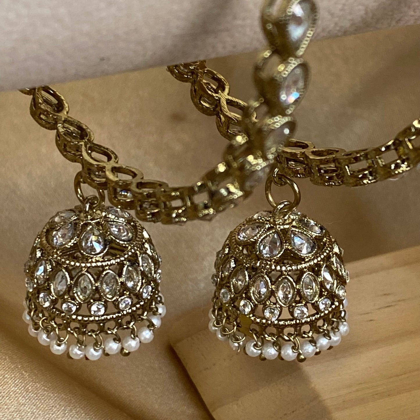 Antique Gold with Clear Zircon Crystals Pearl Jhumka Bangle X 2/Indian/ Pakistani/Jewelley/ Fashion Bracelet