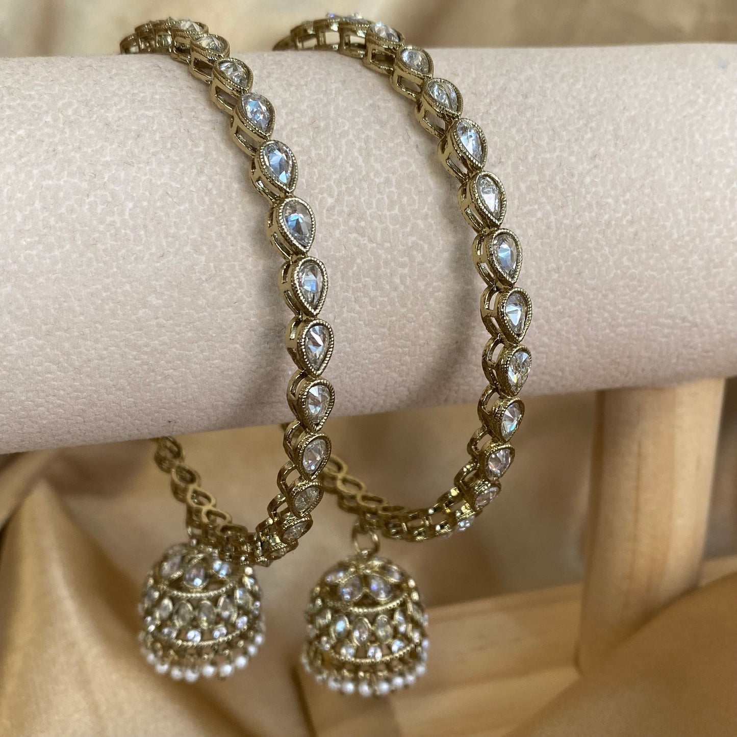 Antique Gold with Clear Zircon Crystals Pearl Jhumka Bangle X 2/Indian/ Pakistani/Jewelley/ Fashion Bracelet