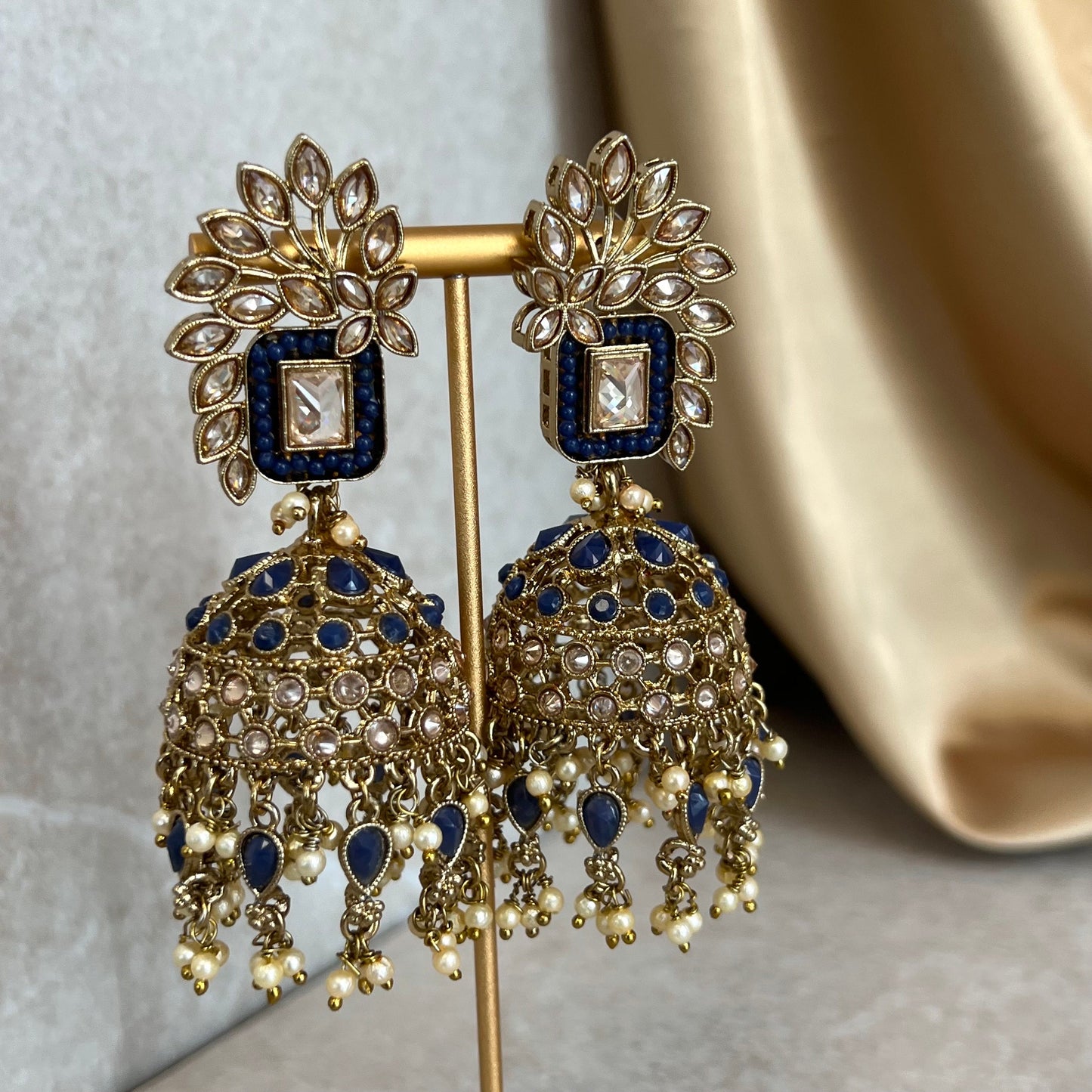 Navy Blue Large Vine Leaf Jhumka Earrings - Indian Style Earring/Pakistani Fashion/ Mendhi/Party/Haldi/ Diwali Gift/ Eid Gift