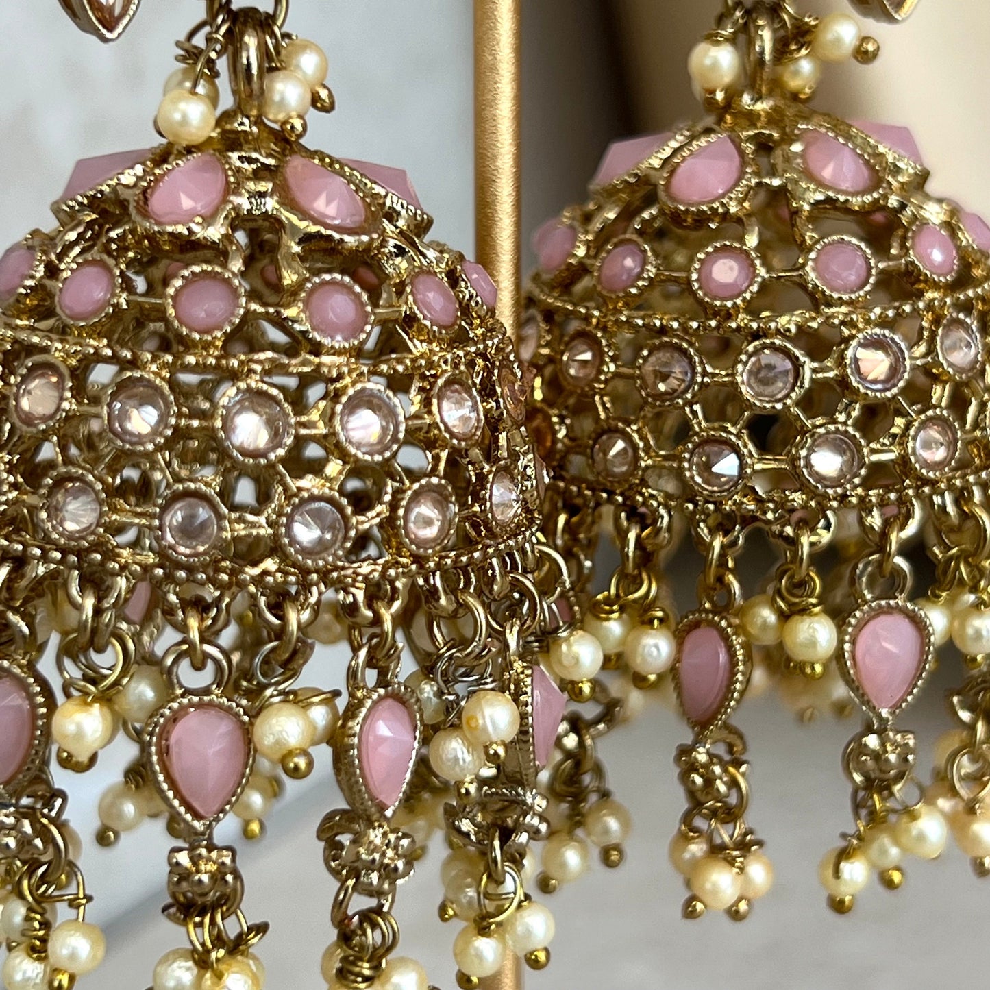 Pink Large Vine Leaf Jhumka Earrings - Indian Style Earring/Pakistani Fashion / Mendhi/Party/Haldi/ Diwali Gift/ Eid Gift