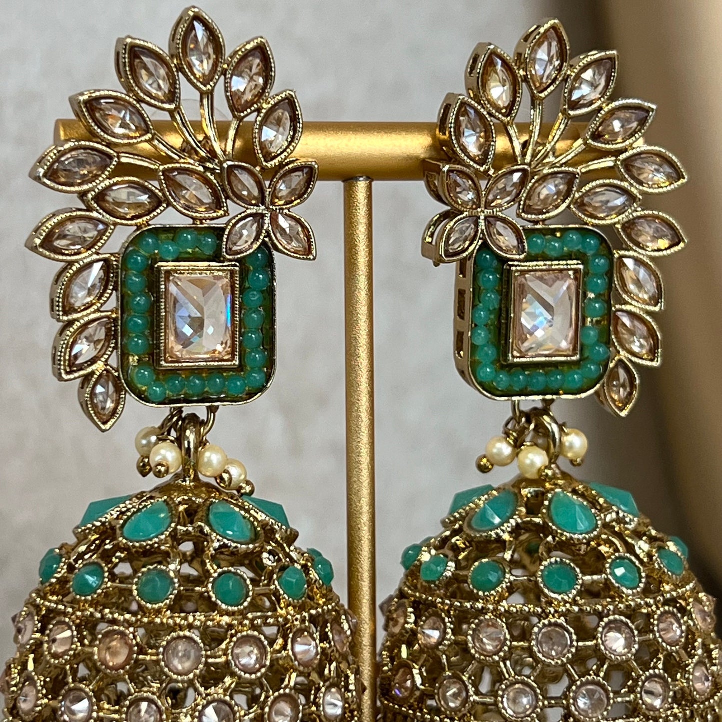 Teal Large Vine Leaf Jhumka Earrings - Indian Style Earring/Pakistani fashion/ Mendhi/Party/Haldi/ Diwali Gift/ Eid Gift