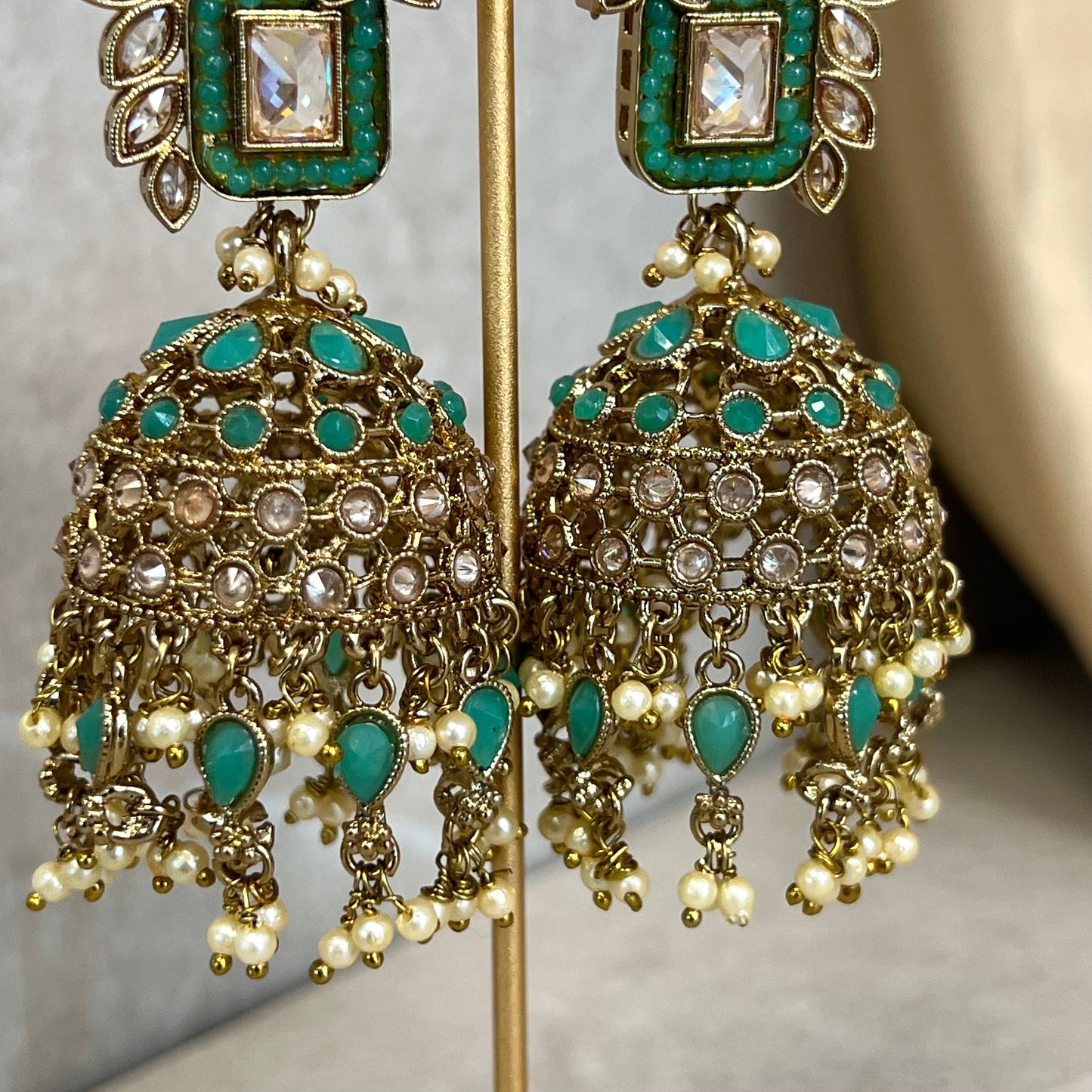 Teal Large Vine Leaf Jhumka Earrings - Indian Style Earring/Pakistani fashion/ Mendhi/Party/Haldi/ Diwali Gift/ Eid Gift