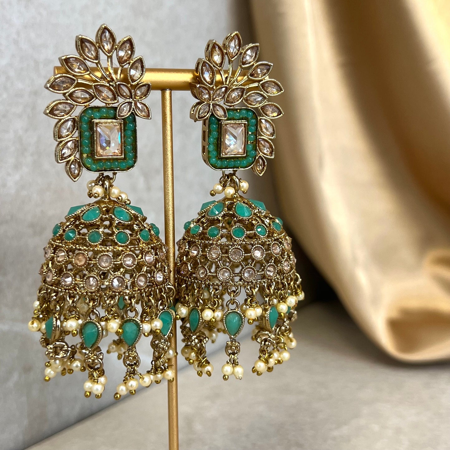 Teal Large Vine Leaf Jhumka Earrings - Indian Style Earring/Pakistani fashion/ Mendhi/Party/Haldi/ Diwali Gift/ Eid Gift