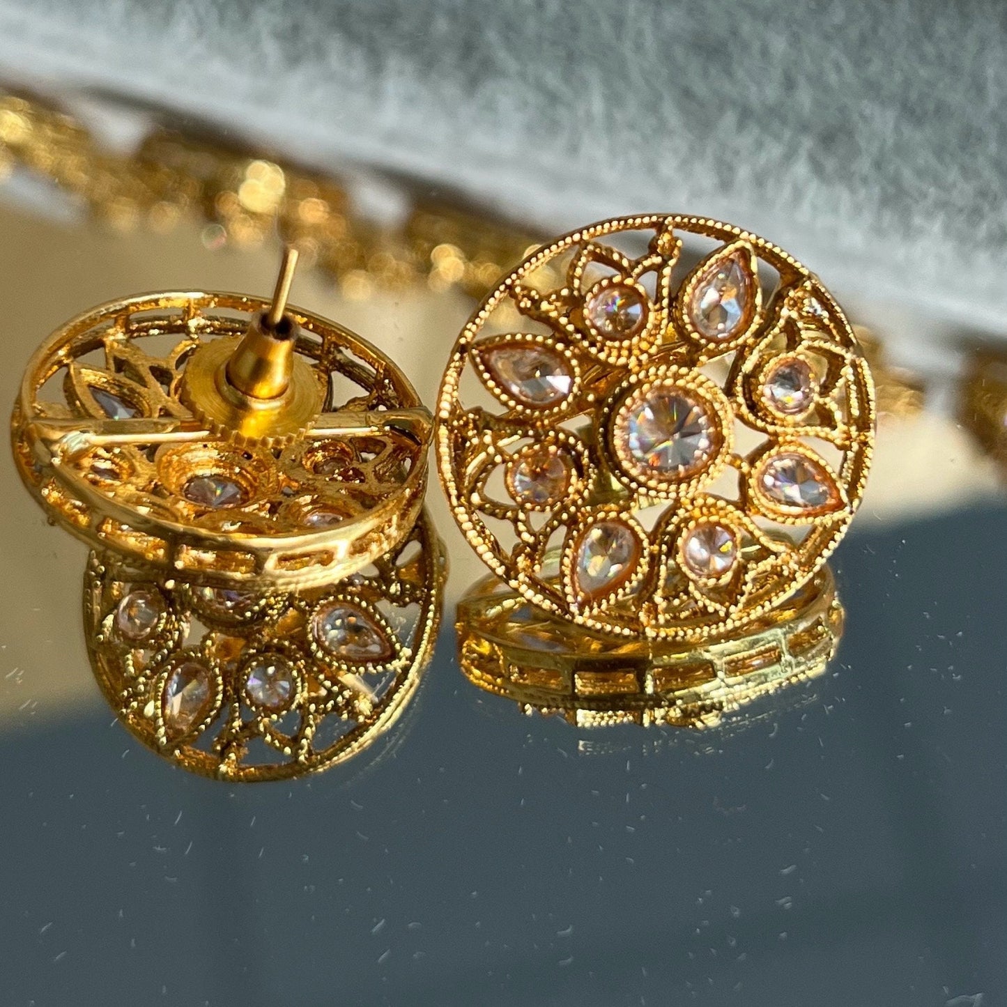 Pair of Bright Gold with crystals - Indian Asian Stud Earrings Tops