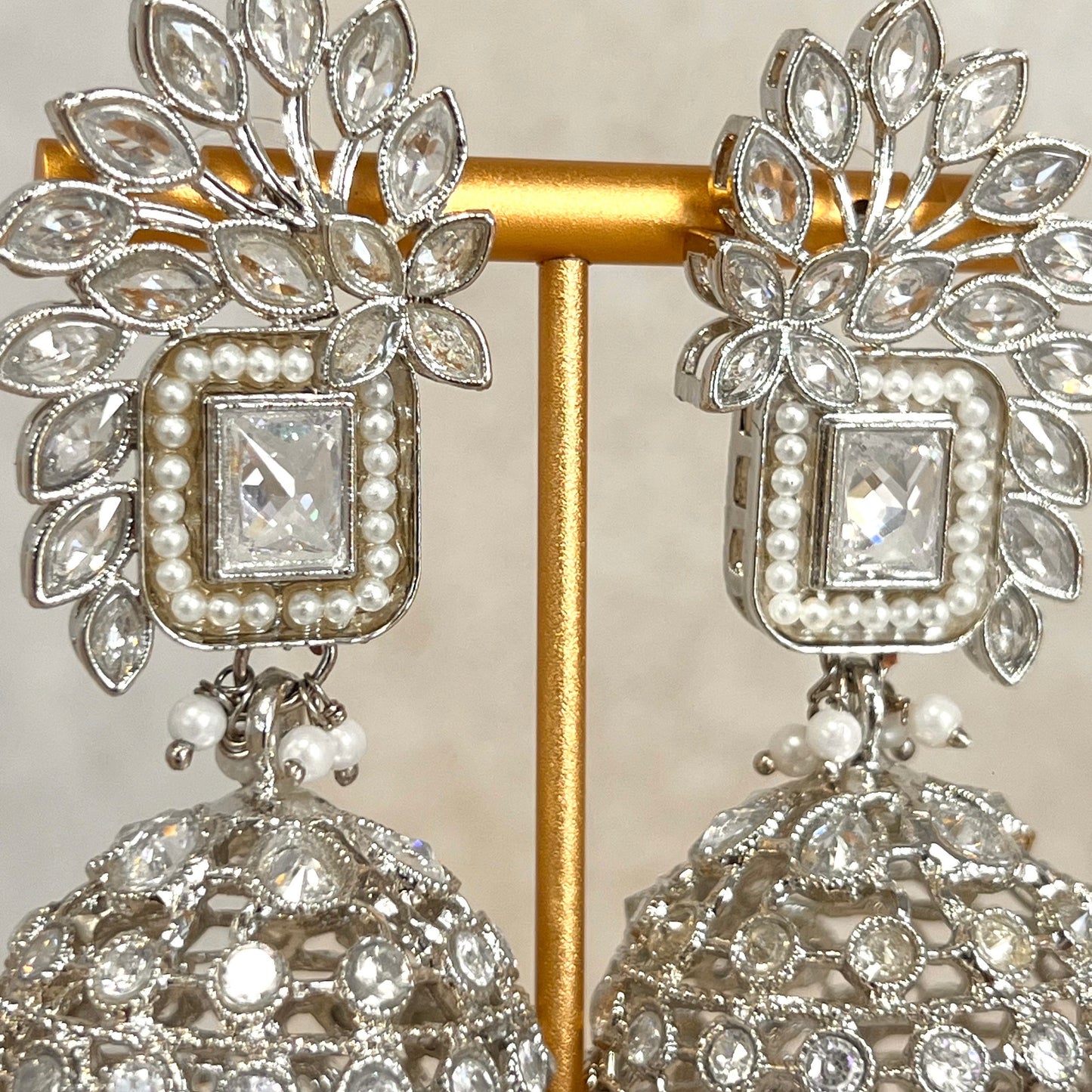 Silver Zircon Crystal Large Vine Leaf Jhumka Earrings - Indian Style Earring/Pakistani Fashion/ Mendhi/Party/Haldi/ Diwali Gift/ Eid Gift