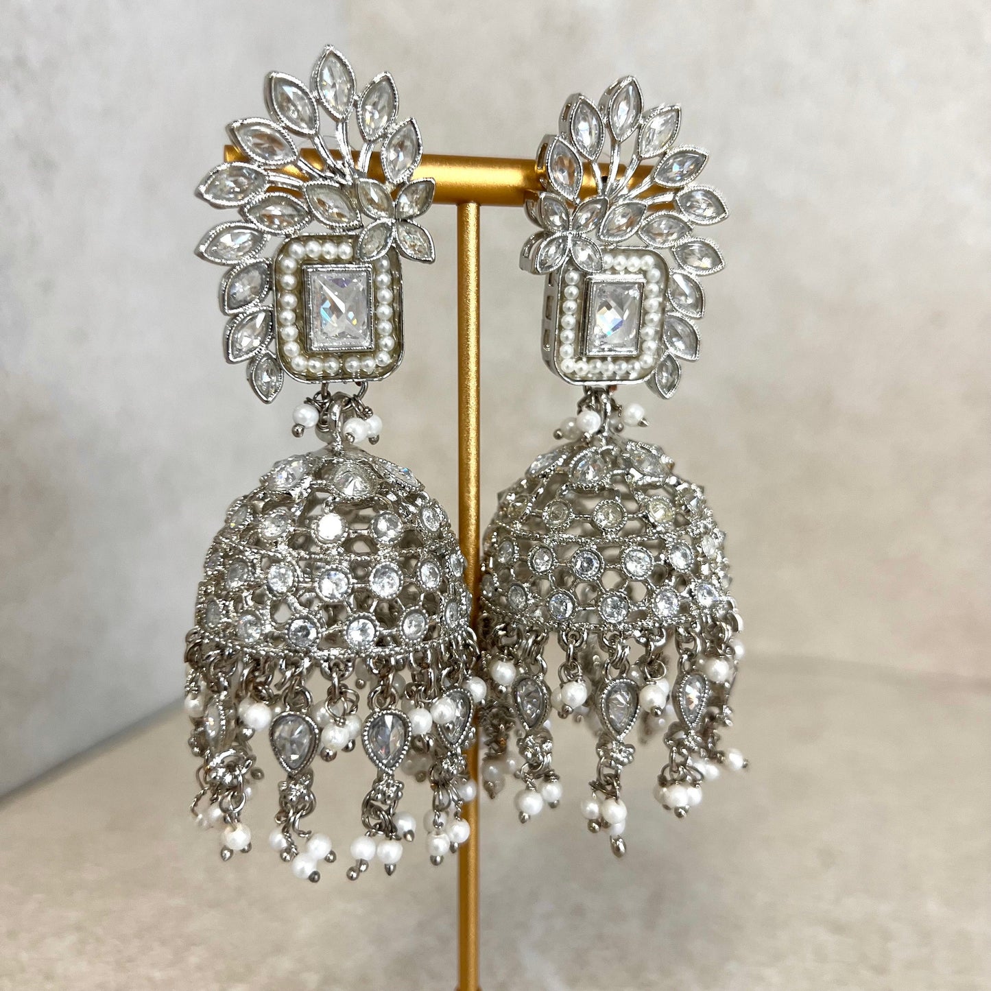 Silver Zircon Crystal Large Vine Leaf Jhumka Earrings - Indian Style Earring/Pakistani Fashion/ Mendhi/Party/Haldi/ Diwali Gift/ Eid Gift