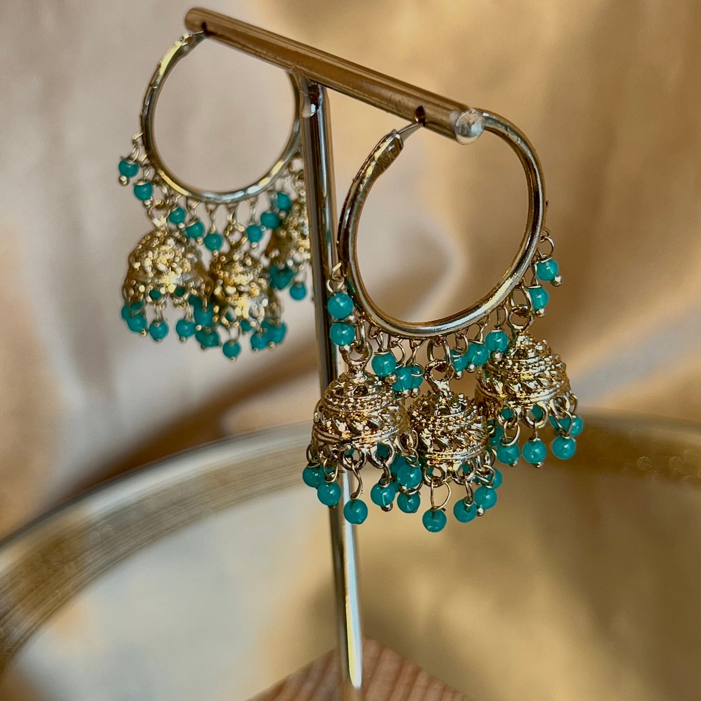 Teal Antique Gold Medium Jhumki - Hoops Indian Style Earrings/Mehendi Night Hoop Jhumkas Earrings/Gifts for Women