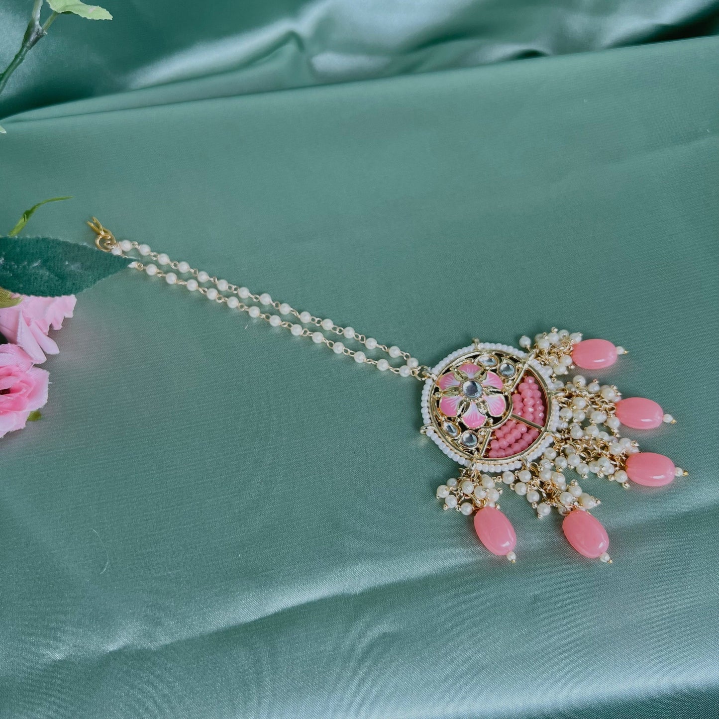 Coral Meenakari/Faux Kudan Pearl tikka/ Tikli/ Indian/ Pakistani Fashion Jewellery/ Maang Tikkas