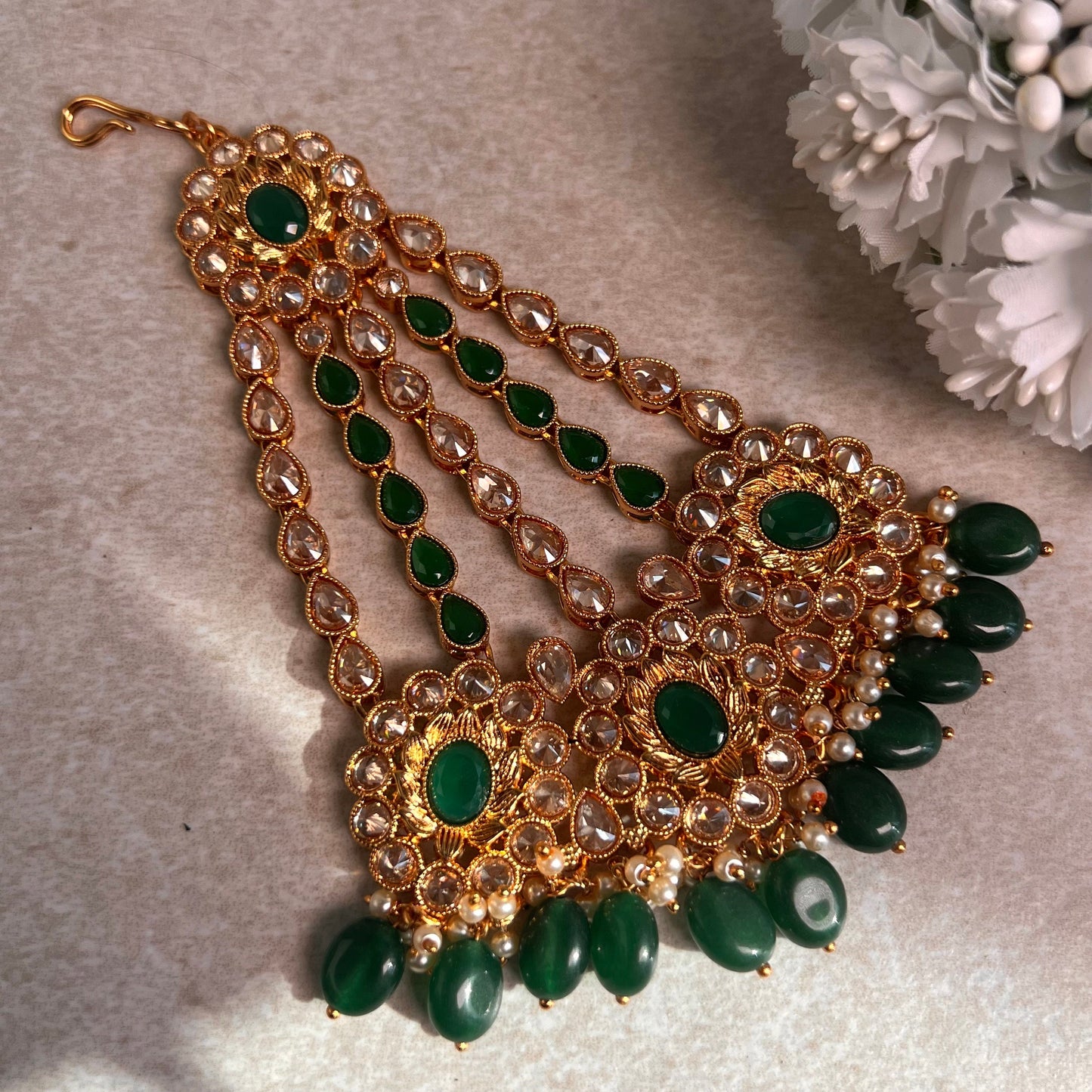 Jhumar/Green/Gold/Green Bead/Champagne zircon crystal/ Bright Gold/ Jhoomar / Passa/ Indian/ Pakistani Style/Head Piece