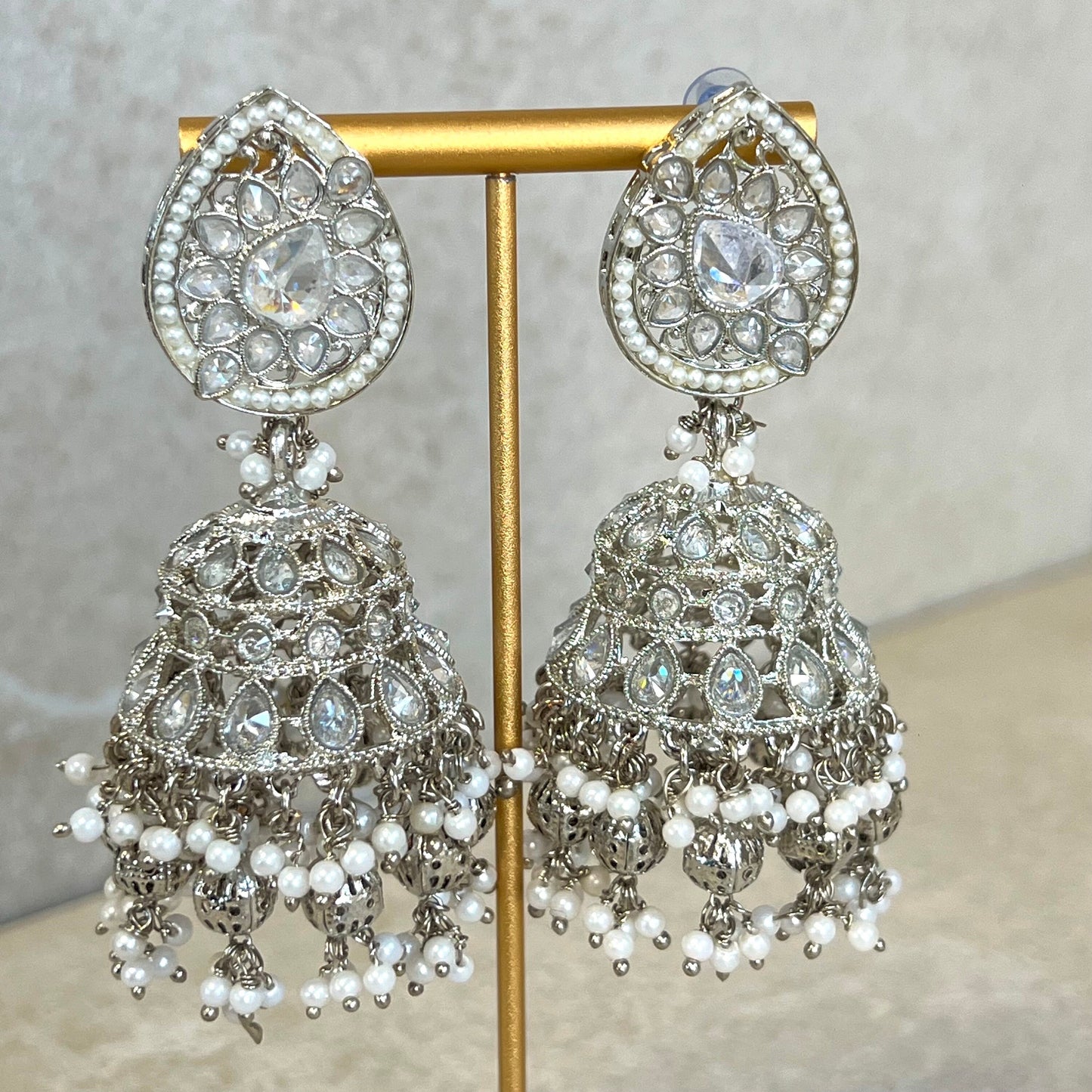 White Silver Crystal Large Tear Drop Jhumka Earrings - Indian Style Earring/Pakistani fashion/ Mendhi/Party/Haldi/ Diwali Gift/ Eid Gift