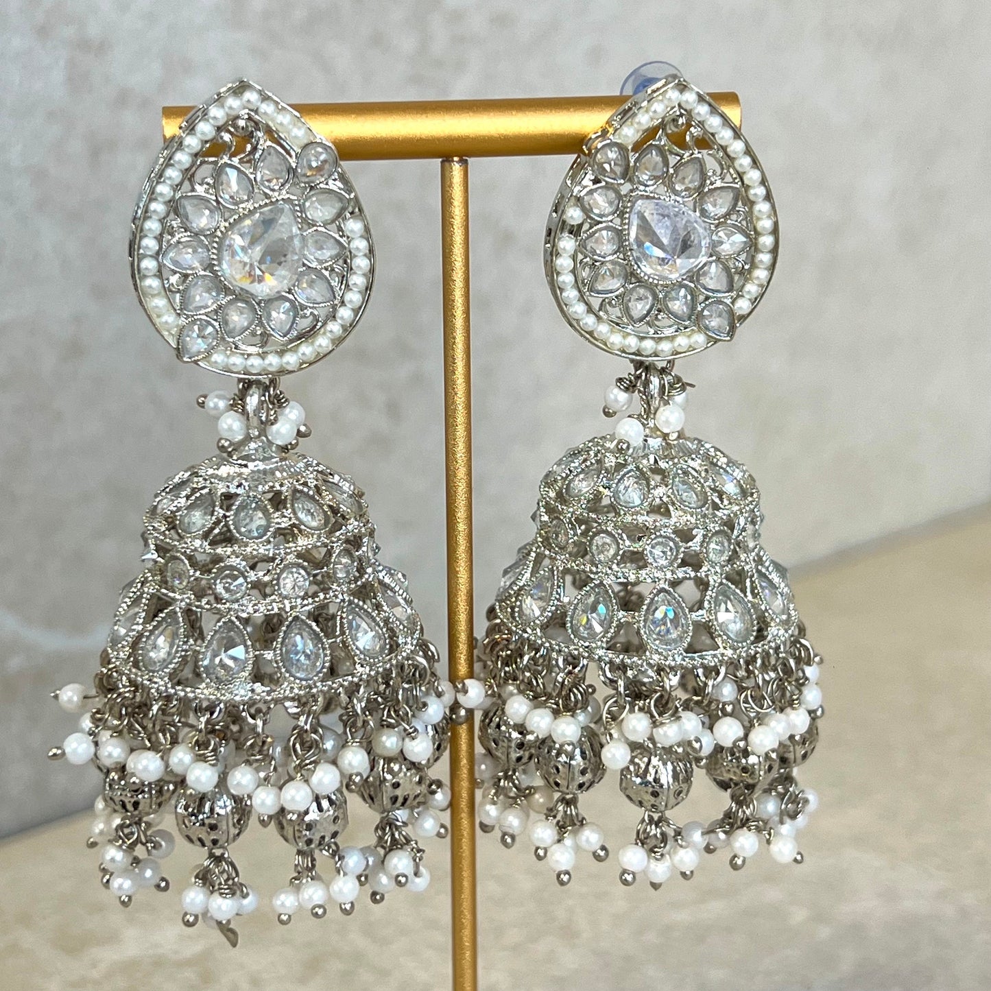 White Silver Crystal Large Tear Drop Jhumka Earrings - Indian Style Earring/Pakistani fashion/ Mendhi/Party/Haldi/ Diwali Gift/ Eid Gift