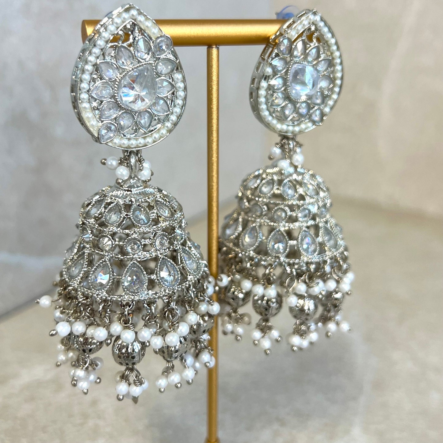 White Silver Crystal Large Tear Drop Jhumka Earrings - Indian Style Earring/Pakistani fashion/ Mendhi/Party/Haldi/ Diwali Gift/ Eid Gift