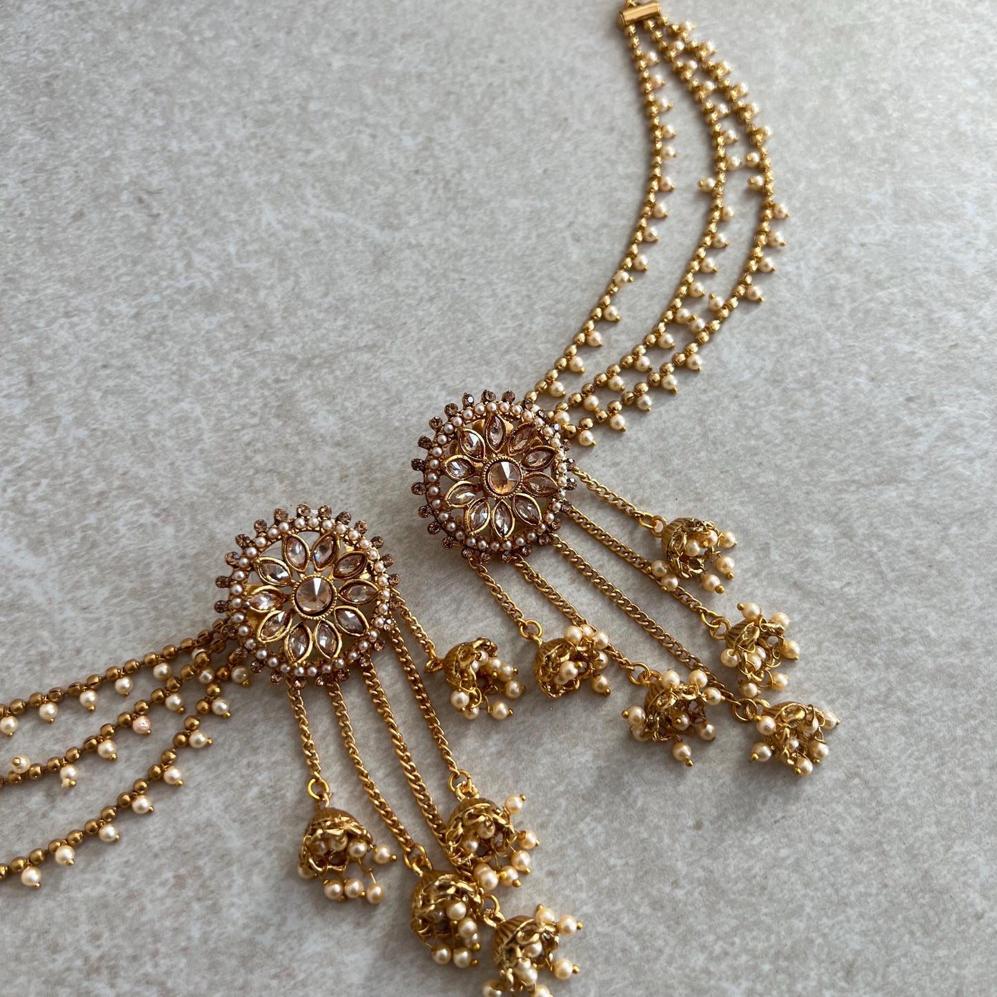 Golden Jhumka Earrings With Ear Chains/Saharay/ Indian Style Earring/ Pearl Floral Design