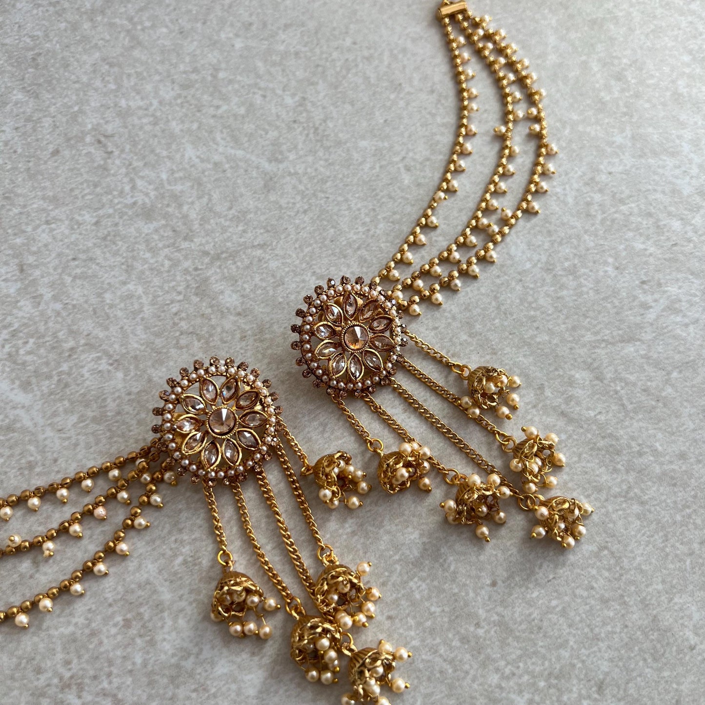 Golden Jhumka Earrings With Ear Chains/Saharay/ Indian Style Earring/ Pearl Floral Design