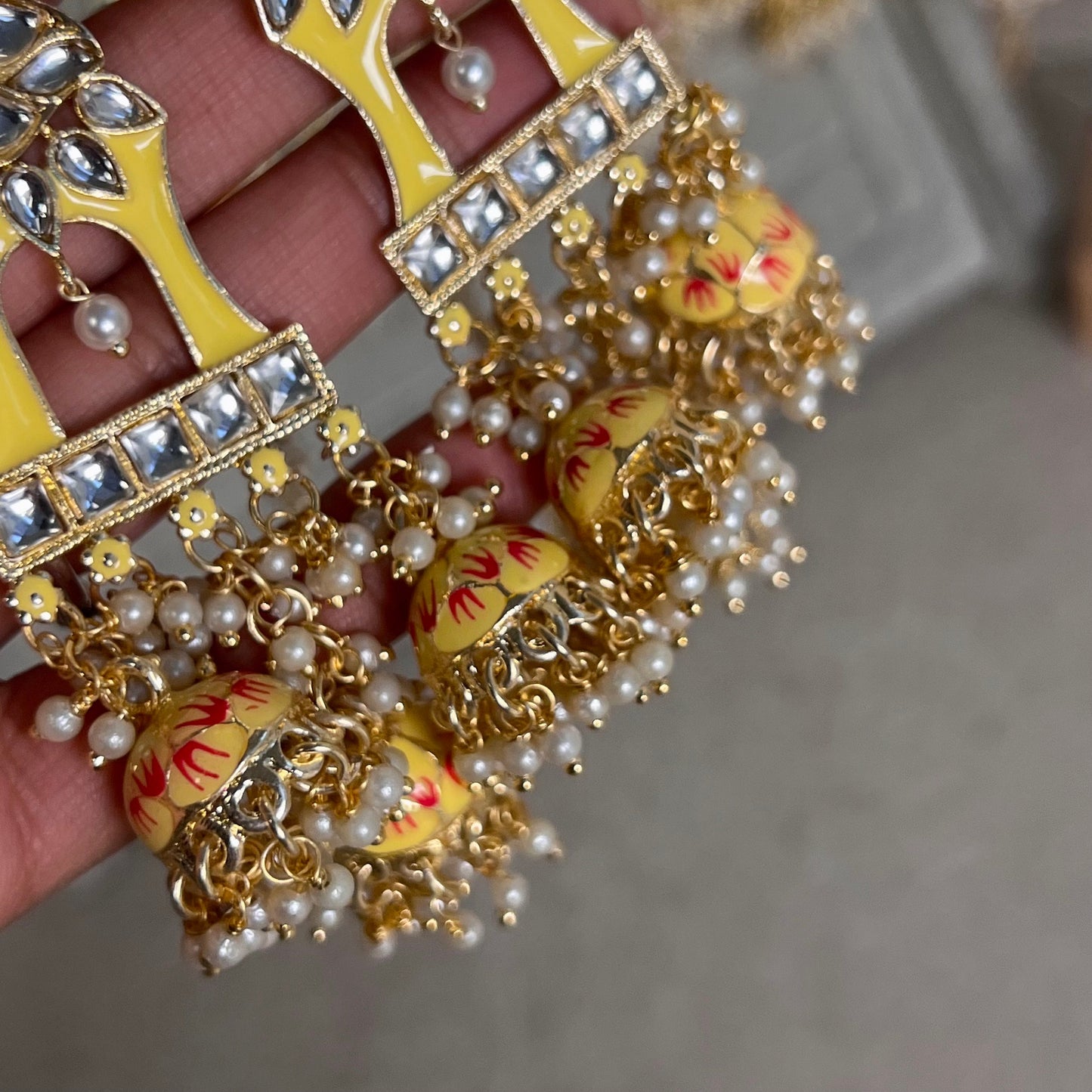 Yellow and Pink Meenakari Hand Painted 3 Jhumka Earring / Indian Style/Unique Fancy Jhumka Earrings - NAVRATRI SPECIAL