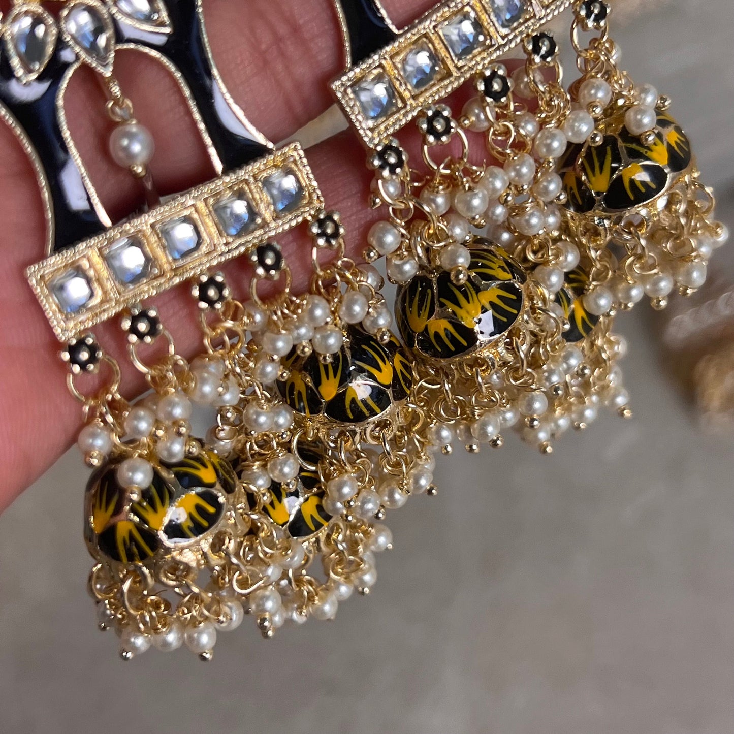 Black and Yellow Meenakari Hand Painted 3 Jhumka Earring / Indian Style/Unique Fancy Jhumka Earrings - NAVRATRI SPECIAL