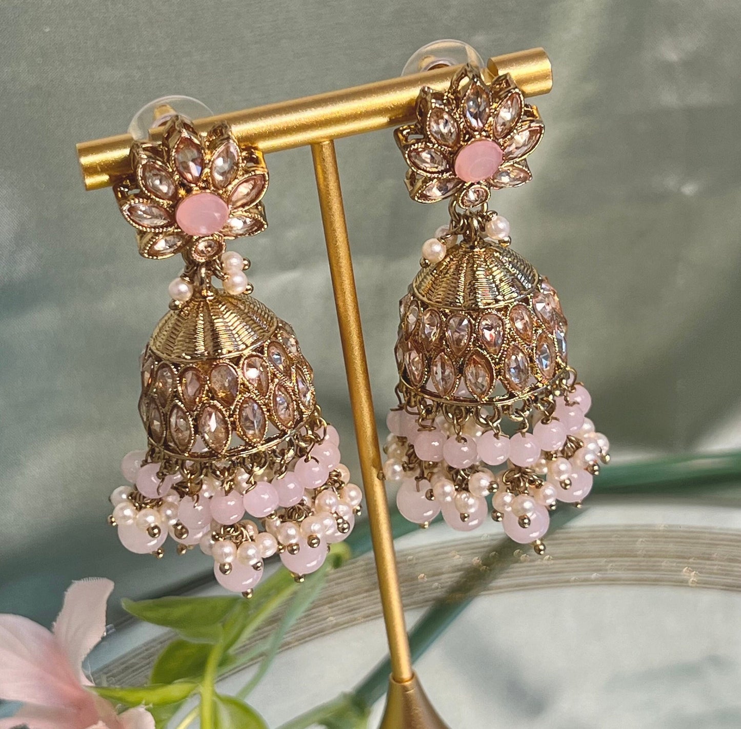 Medium Light Pink Crystal Indian Jhumka Earrings/Jhumkis/ Fashion Jewellery/ Gift for Women/Indian/Antique Gold Earrings/Valentines gifts