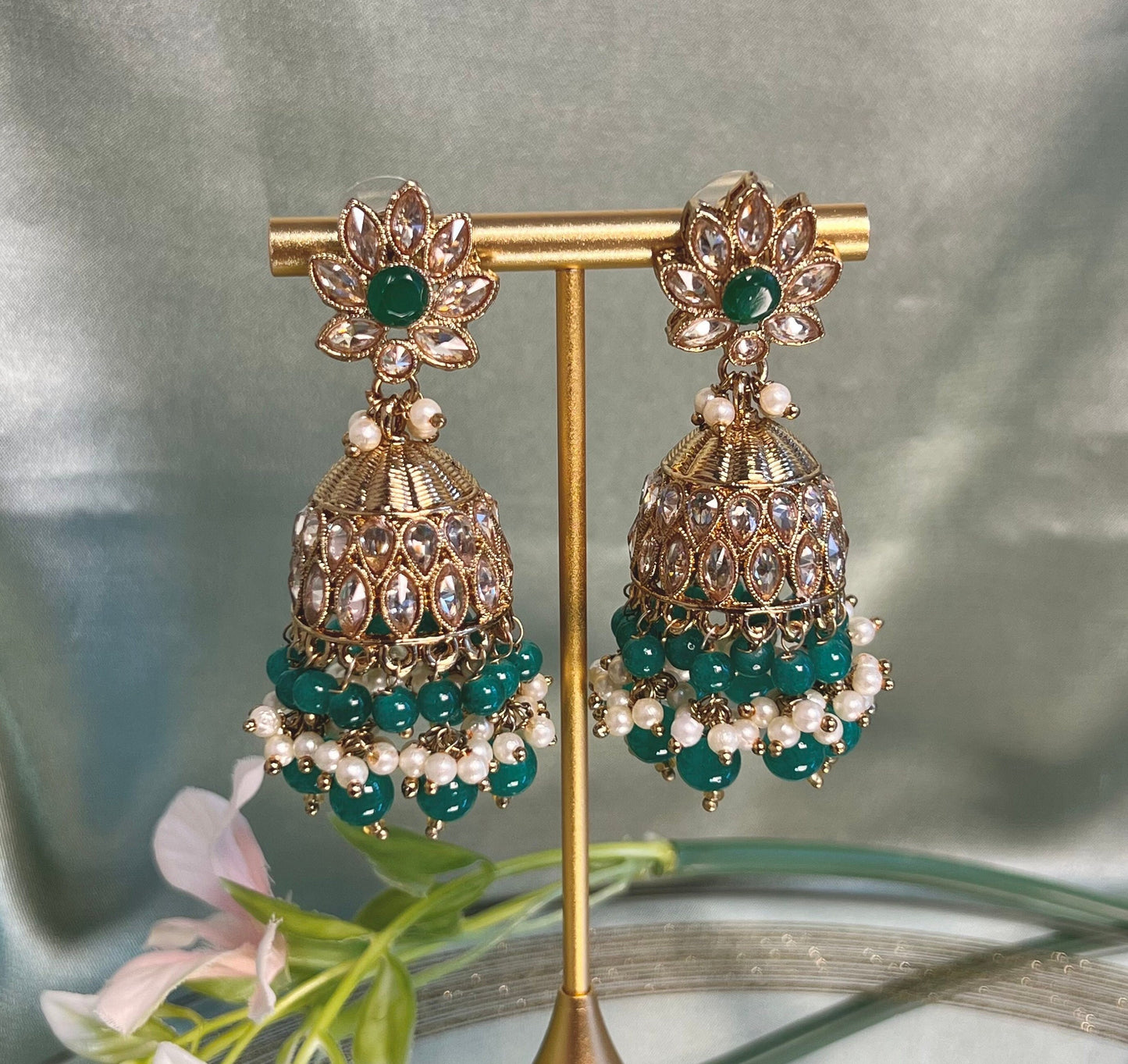 Medium Teal Crystal Indian Jhumka Earrings/Jhumkis/ Fashion Jewellery/ Gift for Women/Indian/Antique Gold Earrings/Pakistani style