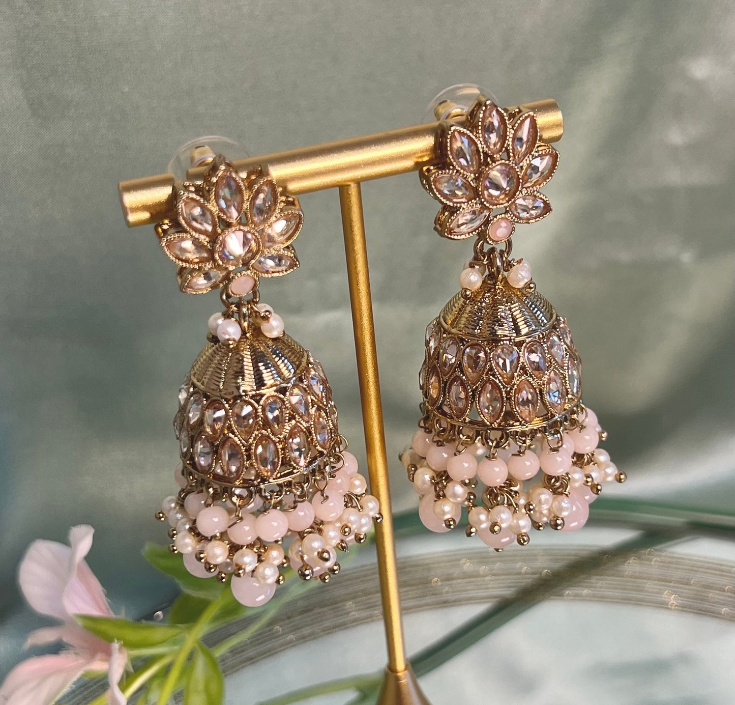 Medium Light Peach Crystal Indian Jhumka Earrings/Jhumkis/ Fashion Jewellery/ Gift for Women/Indian/Antique Gold Earrings/Valentines gifts