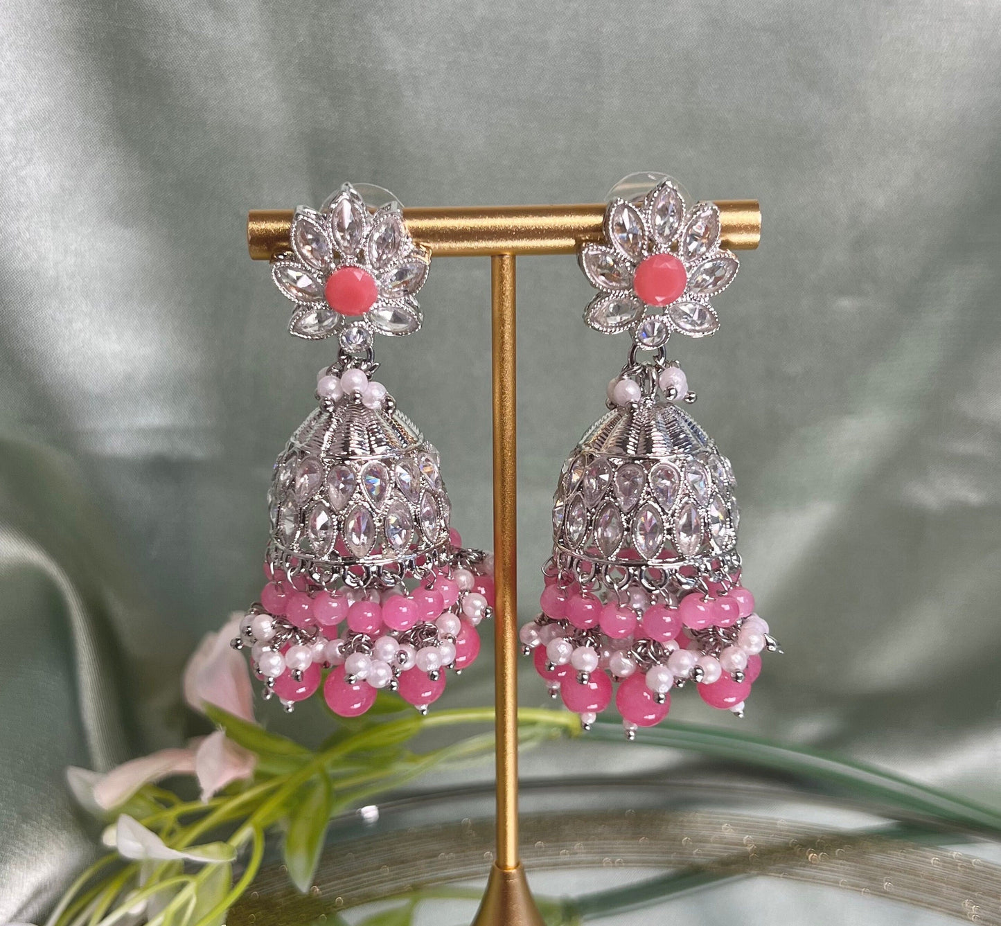 Medium Silver/Pink Crystal Indian Jhumka Earrings/Jhumkis/ Fashion Jewellery/ Gift for Women/Indian/Pakistani style/Valentines gifts