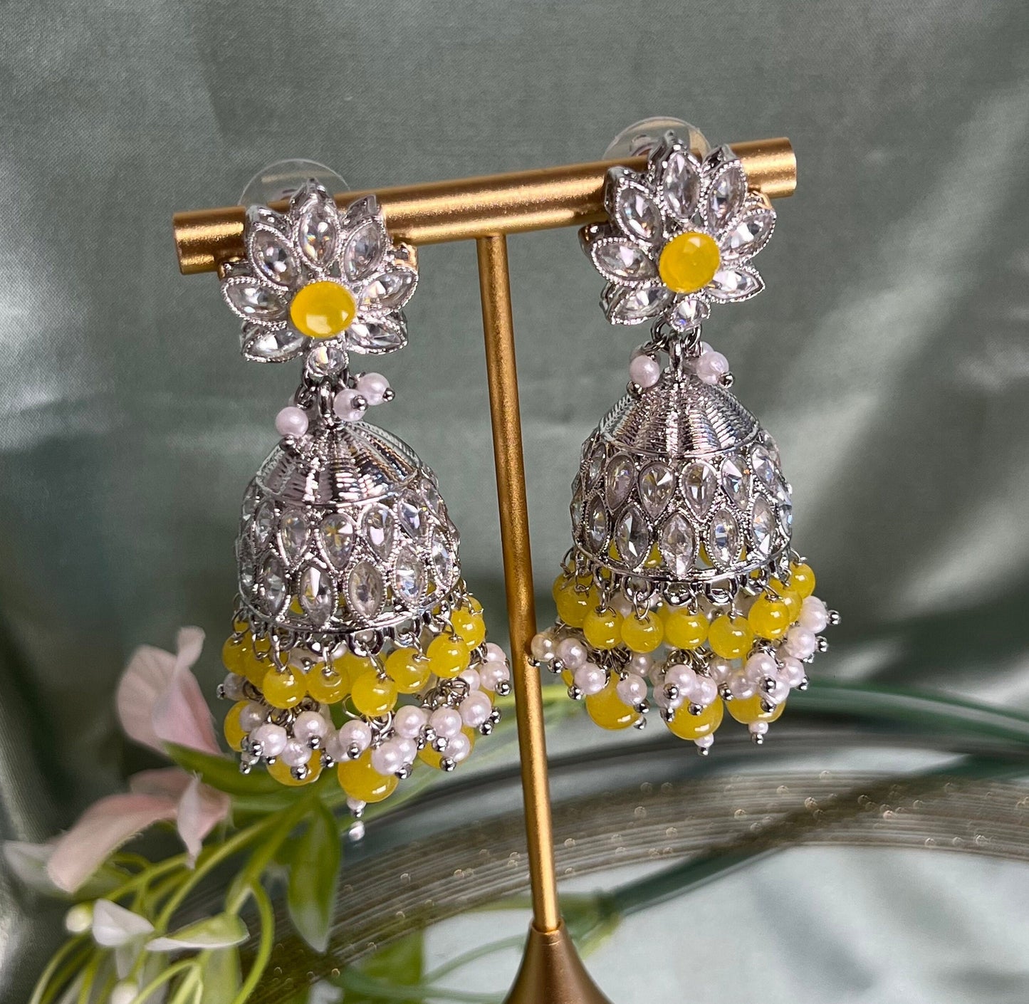Medium Silver/Yellow Crystal Indian Jhumka Earrings/Jhumkis/ Fashion Jewellery/ Gift for Women/Indian/Valentines gifts