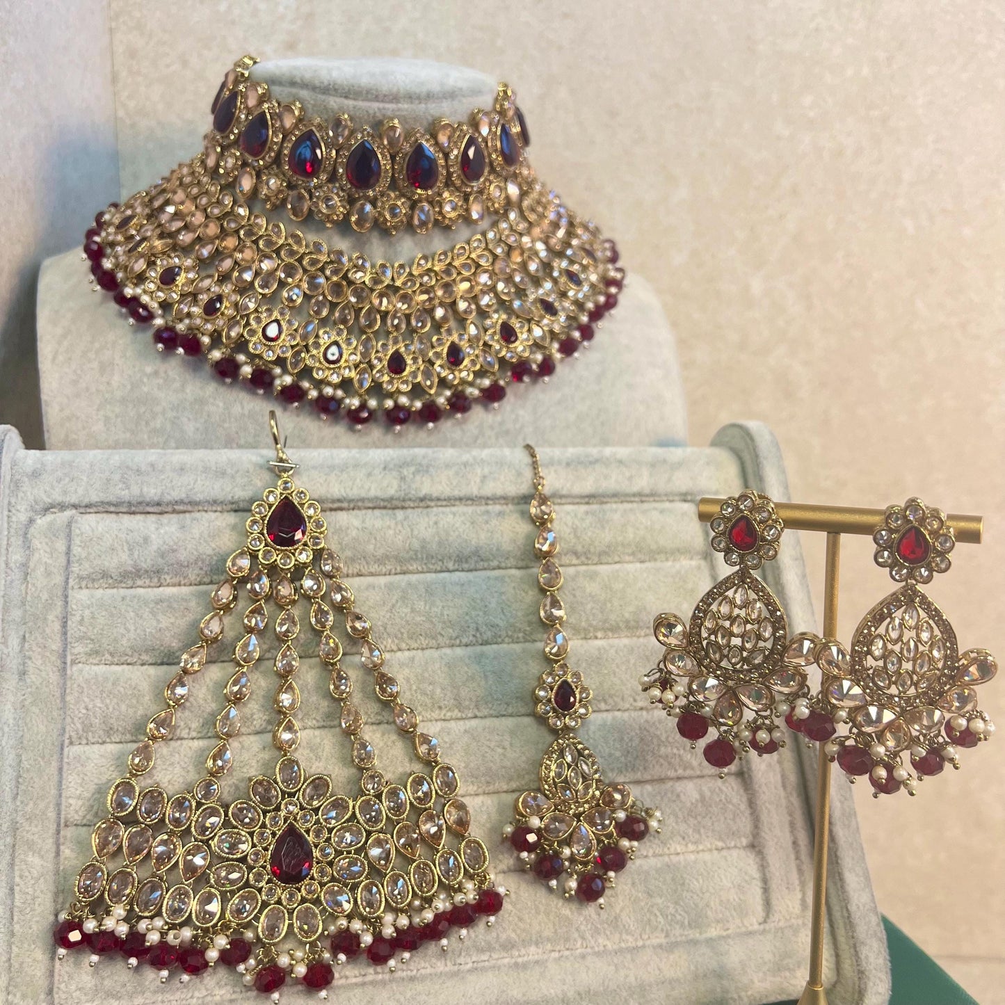 Maroon Bridal Choker Necklace set with Earring, Tikka and Jhumar Indian/ Pakistani Style/ Wedding/ Antique Gold/ Champagne Crystals