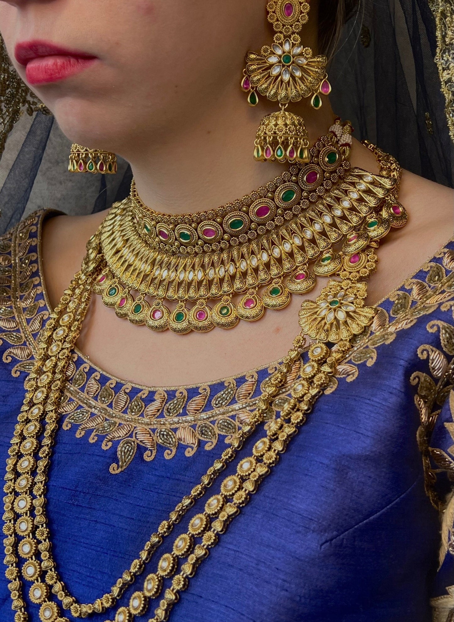 Temple Design Matte Ruby & Green Bridal Jewellery Set/ Indian/ Pakistani Style/ Choker/ Earring/ Tikka