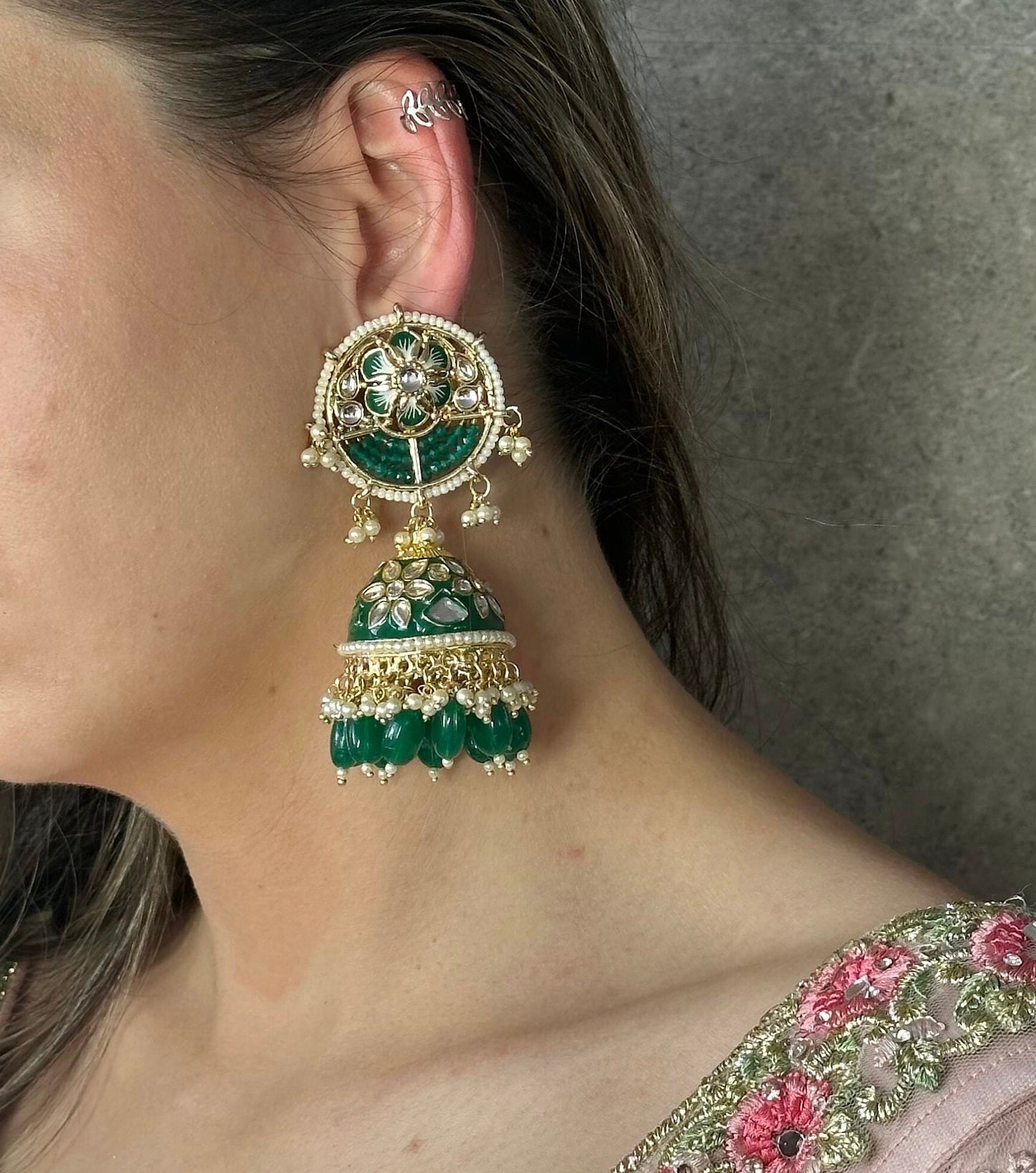 Green Jhumka Earring/ Meenakari/ Indian/ Pakistani Style/ Hand Painted/ Gift for women/Faux Kundan