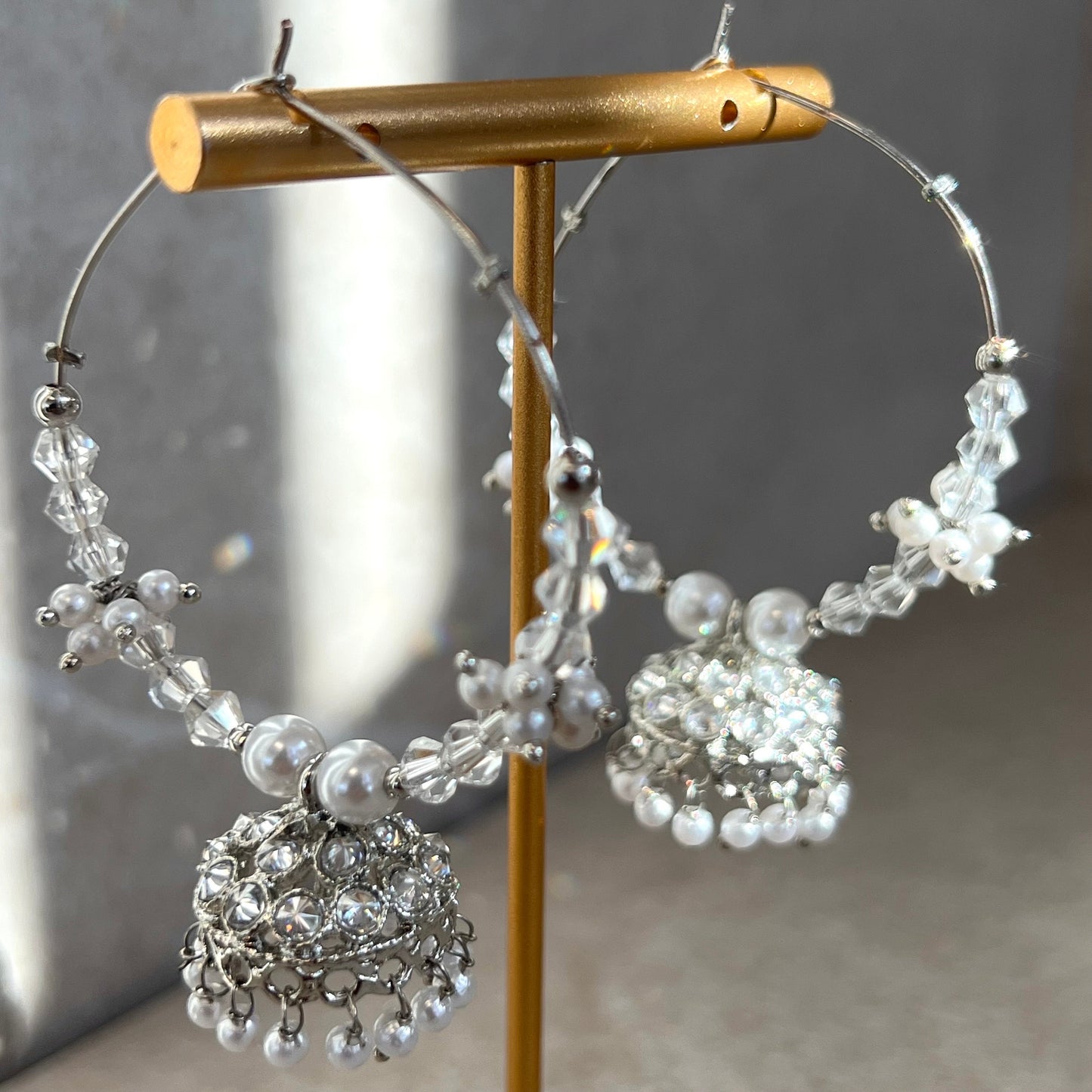 Silver Crystal Pearl Jhumka Indian Hoop Earring/Indian Earrings/Pakistani Fashion/Indian Jewellery/Silver Jewellery/Gifts for Women