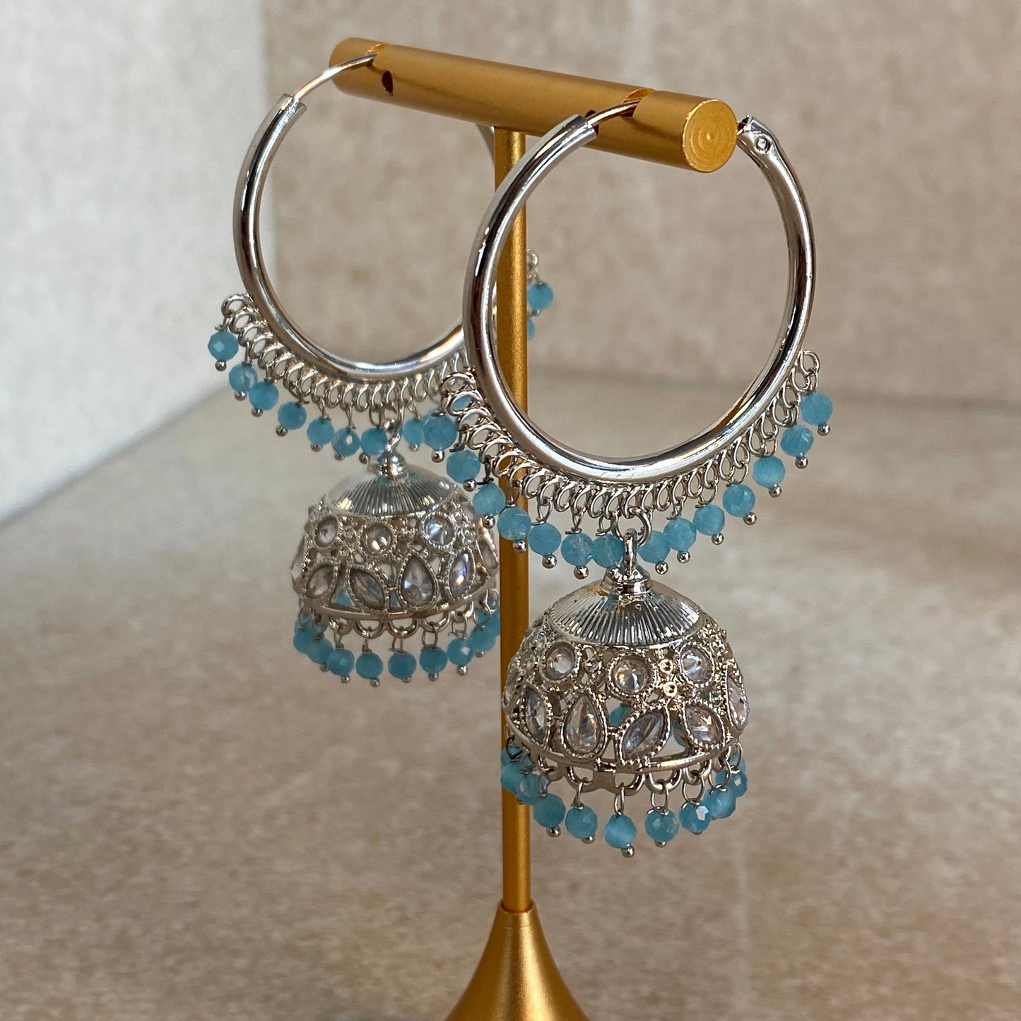 Blue Silver Crystal Jhumka Indian Hoop Earring/Indian Earrings/Pakistani Fashion/Indian Jewellery/Silver Jewellery/Gifts for Women