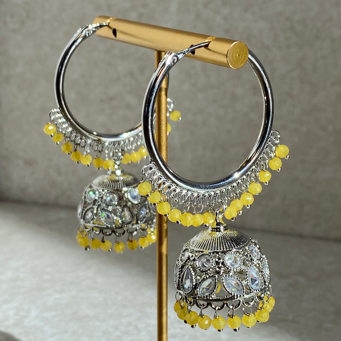 Yellow Silver Crystal Jhumka Indian Hoop Earring/Indian Earrings/Pakistani Fashion/Indian Jewellery/Silver Jewellery/Gifts for Women