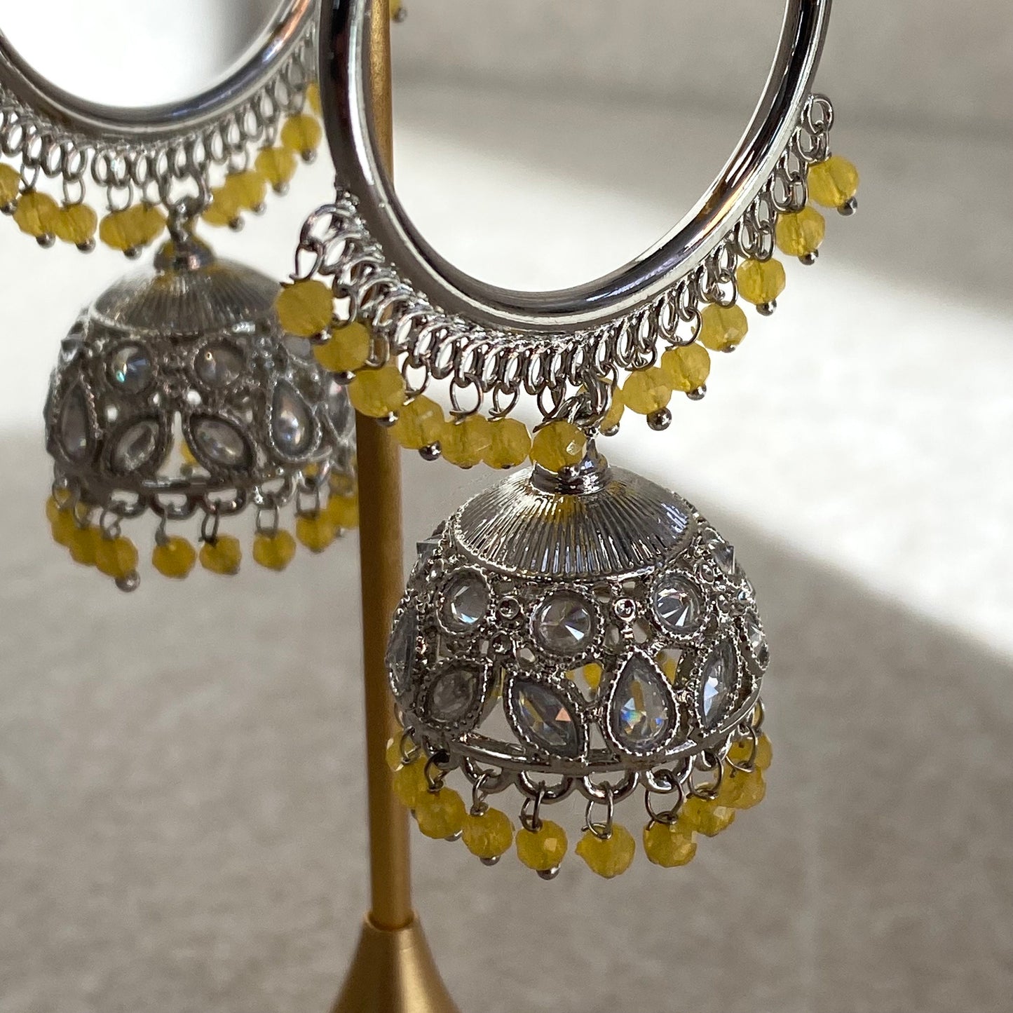 Yellow Silver Crystal Jhumka Indian Hoop Earring/Indian Earrings/Pakistani Fashion/Indian Jewellery/Silver Jewellery/Gifts for Women