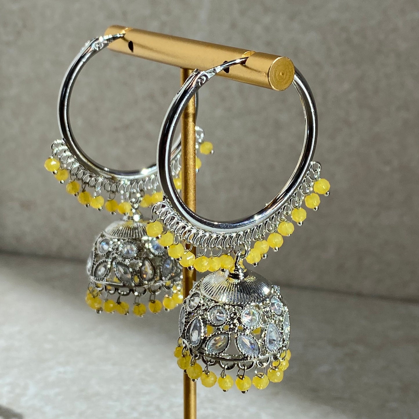Yellow Silver Crystal Jhumka Indian Hoop Earring/Indian Earrings/Pakistani Fashion/Indian Jewellery/Silver Jewellery/Gifts for Women