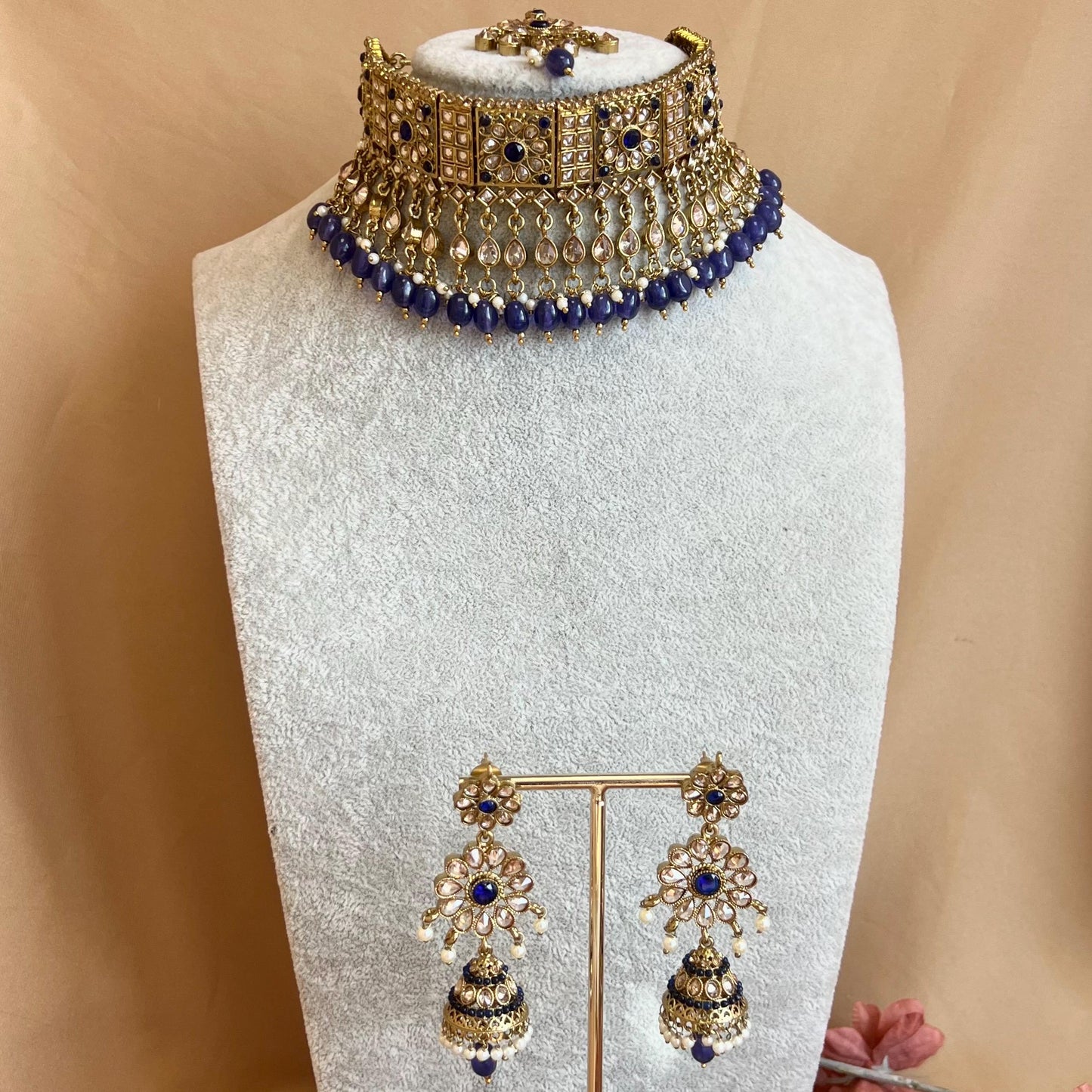 Navy Indian Choker Set/Navy Earrings/ Navy Tikka/ Tikli/Indian/ Pakistani/Fashion Jewellery/ Gift for Women