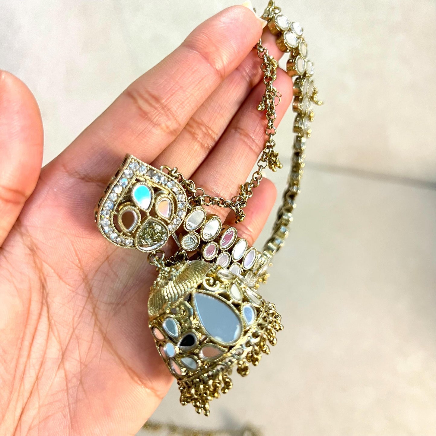 Antique Gold/Golden Mirror Detail Jhumka Earrings With Ear Chains/Saharay/ Indian Style Earring