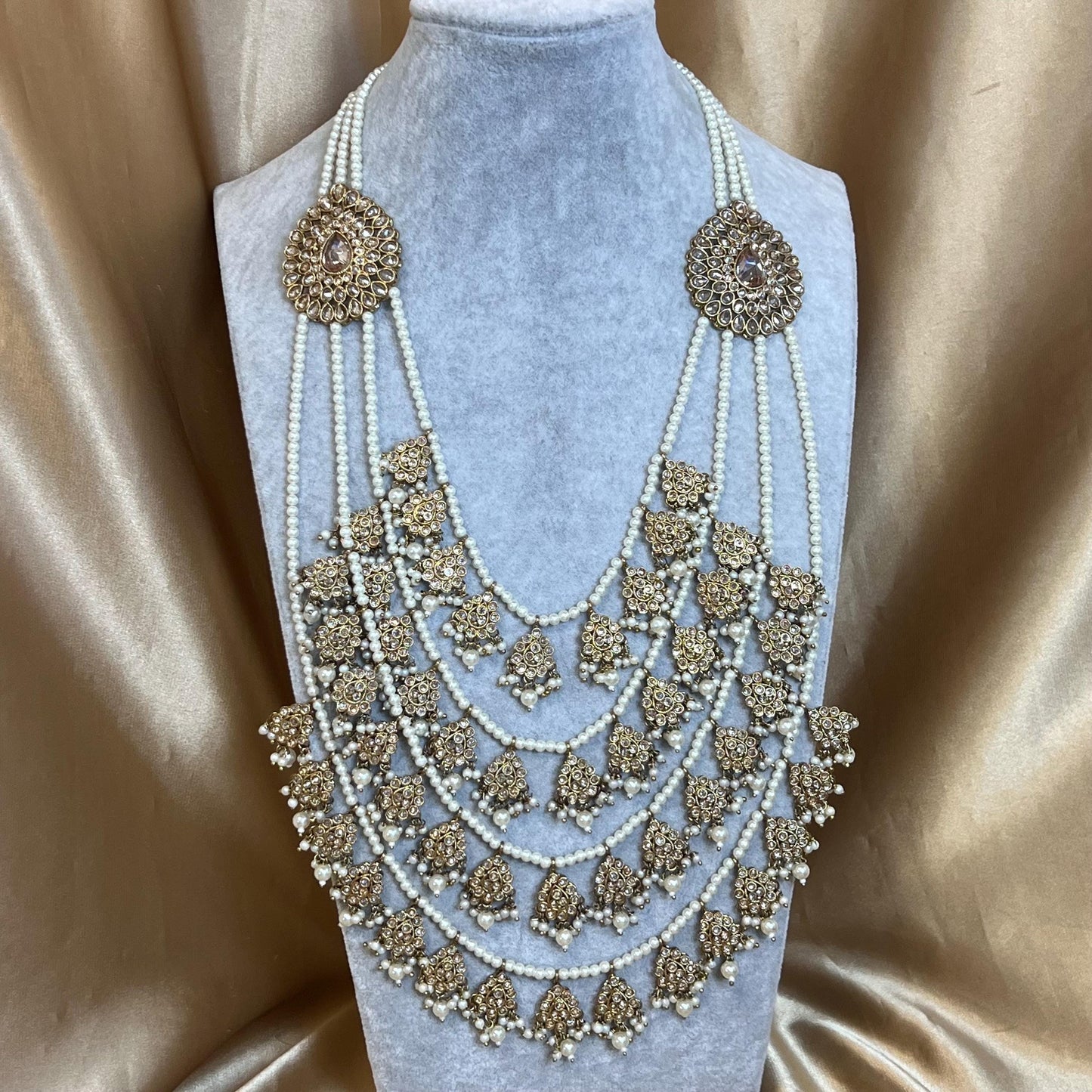 Antique Gold and Champagne 5 Layered pearl Long Mala/ Haar/ Long Necklace/ Unique Style/ Indian/ Pakistani/Fashion Jewellery/ Gift for Women