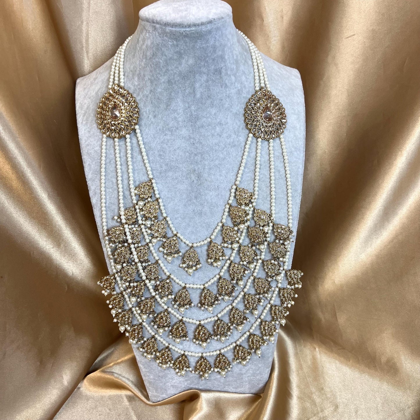 Antique Gold and Champagne 5 Layered pearl Long Mala/ Haar/ Long Necklace/ Unique Style/ Indian/ Pakistani/Fashion Jewellery/ Gift for Women
