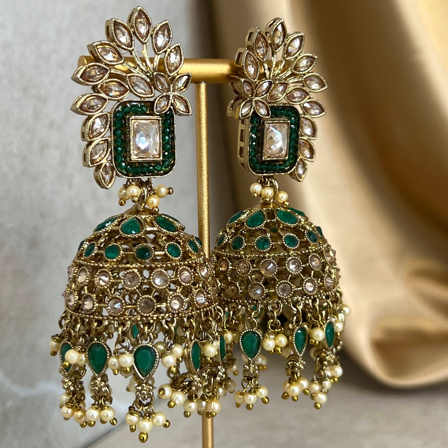 Green Large Vine Leaf Jhumka Earrings - Indian Style Earring/Pakistani fashion/ Mendhi/Party/Haldi/ Diwali Gift/ Eid Gift