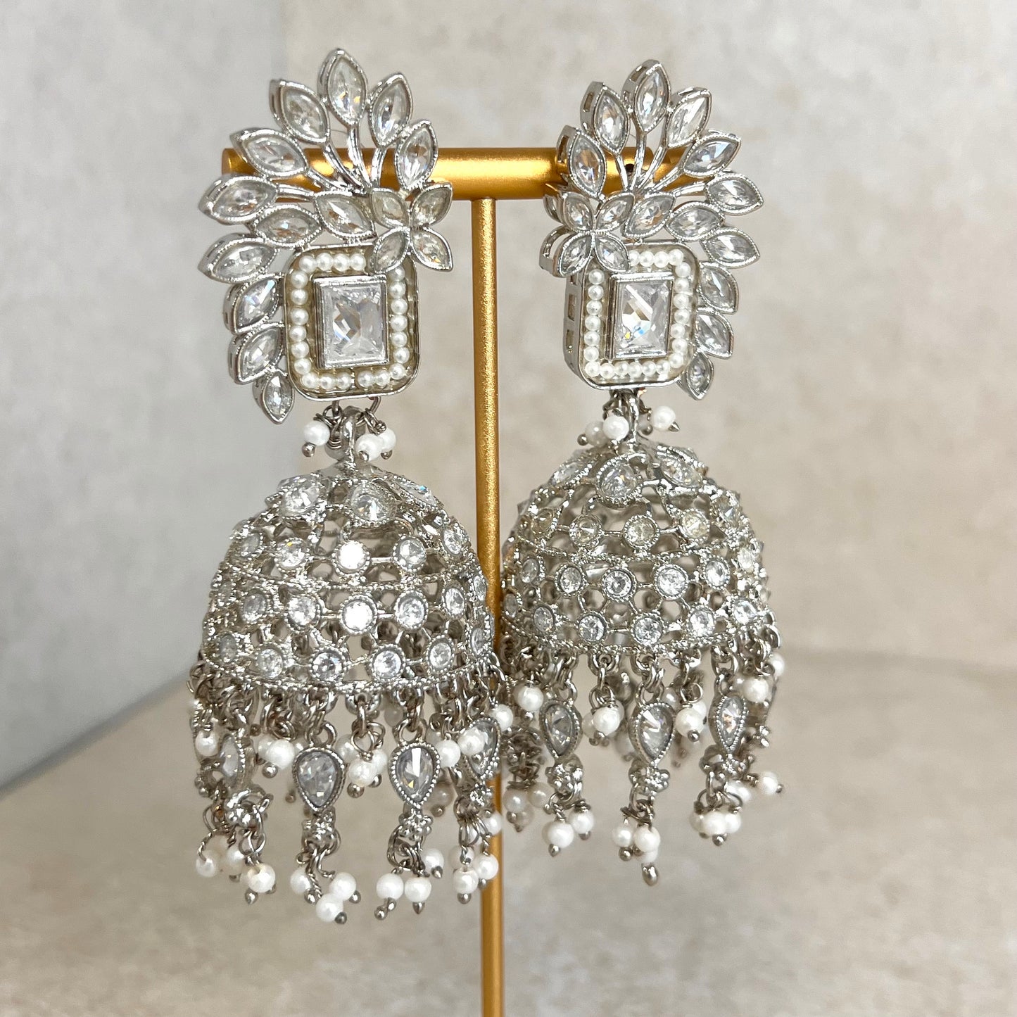 Silver Zircon Crystal Large Vine Leaf Jhumka Earrings - Indian Style Earring/Pakistani Fashion/ Mendhi/Party/Haldi/ Diwali Gift/ Eid Gift