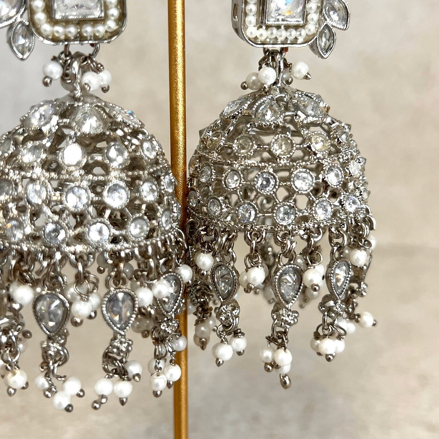 Silver Zircon Crystal Large Vine Leaf Jhumka Earrings - Indian Style Earring/Pakistani Fashion/ Mendhi/Party/Haldi/ Diwali Gift/ Eid Gift