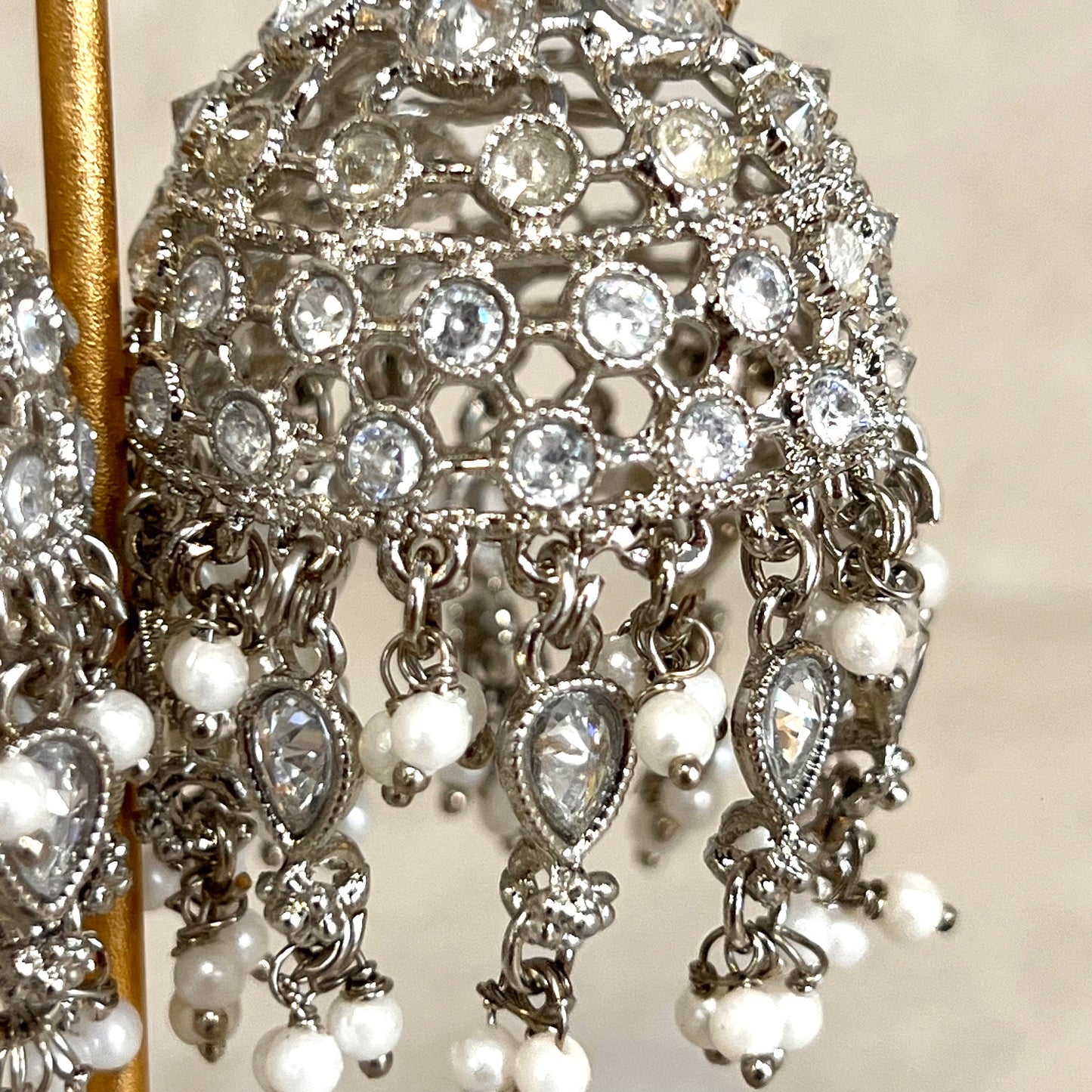 Silver Zircon Crystal Large Vine Leaf Jhumka Earrings - Indian Style Earring/Pakistani Fashion/ Mendhi/Party/Haldi/ Diwali Gift/ Eid Gift
