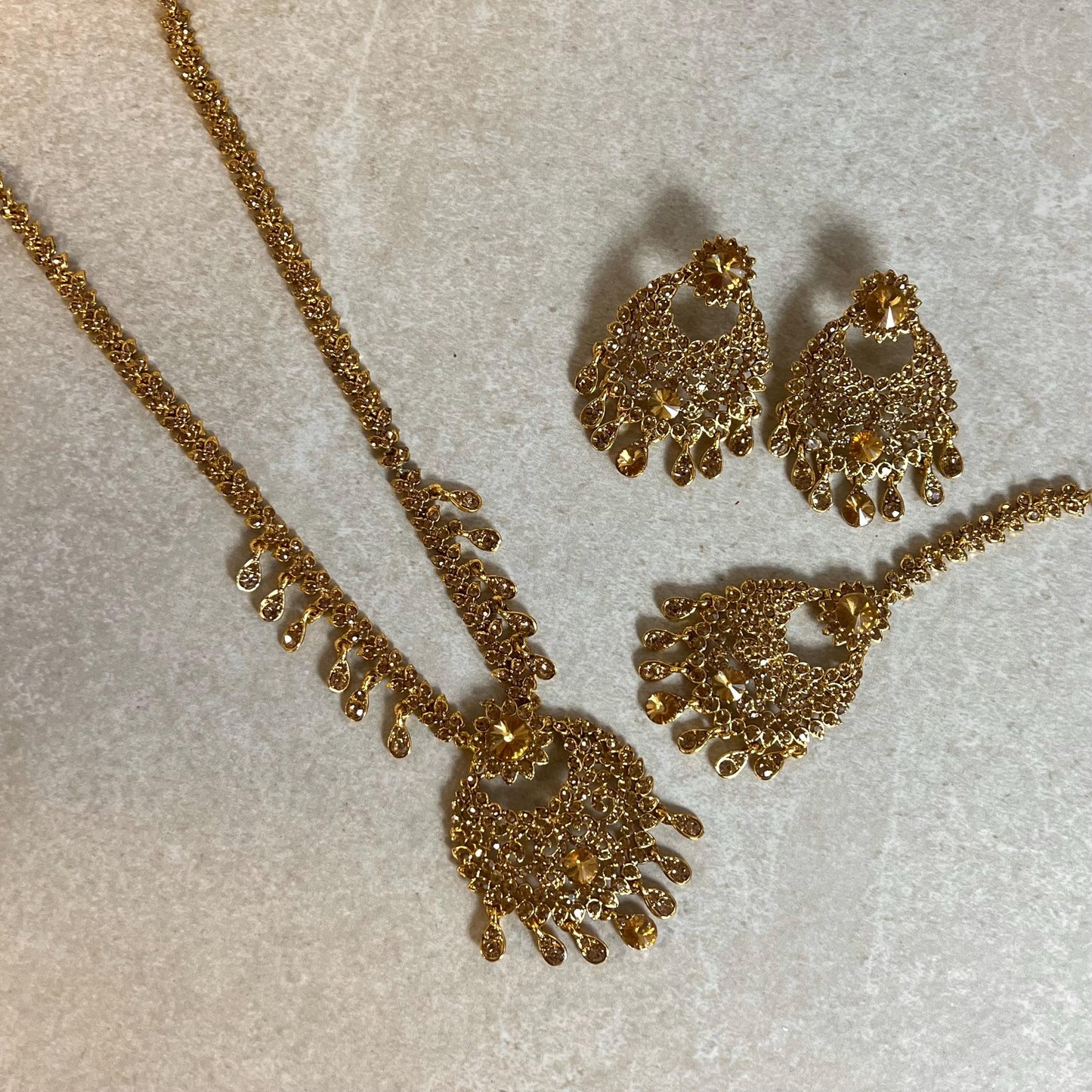 Long Golden Rhinestone Necklace Set with Earring Tikka /Long Mala/ Haar/ Unique Style/ Indian/ Pakistani/Fashion Jewellery/ Gift for Women